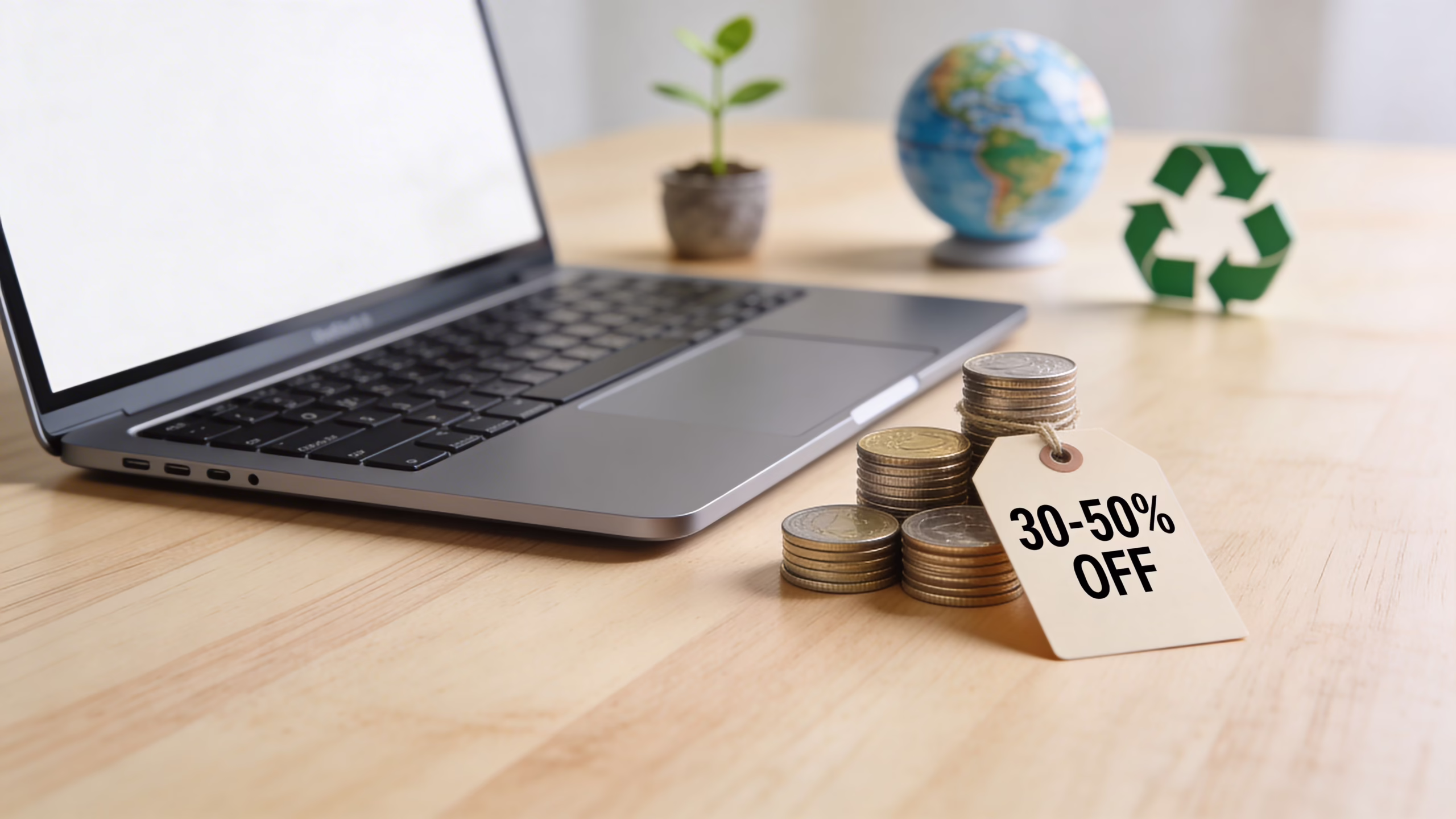 Second Hand Laptops for Sale UK Buyer's Guide 18 A laptop, stack of coins with a 30-50% off tag, a small plant, and a globe on a table.