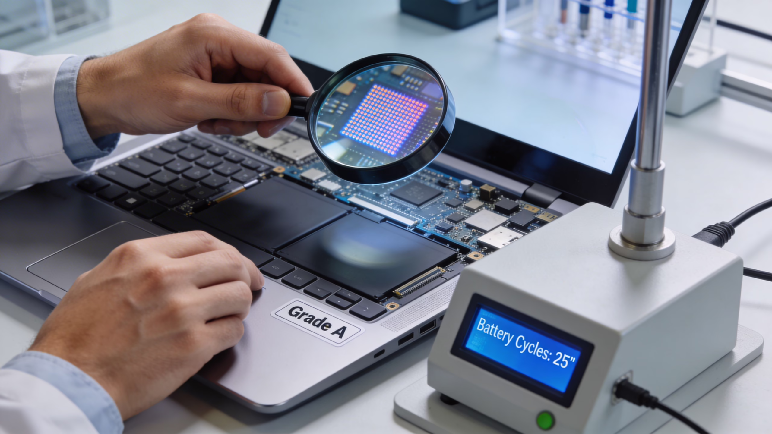 Second Hand Laptops for Sale UK Buyer's Guide 17 A technician wearing a lab coat inspects the motherboard of a laptop labeled as Grade A.