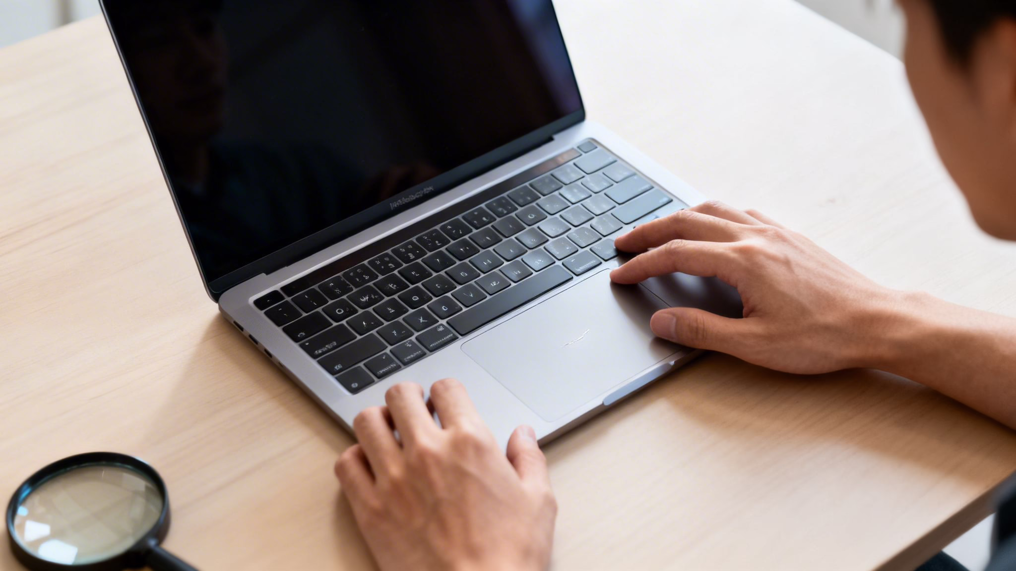 A close-up view of a person's hands using the trackpad and keyboard of a silver laptop.