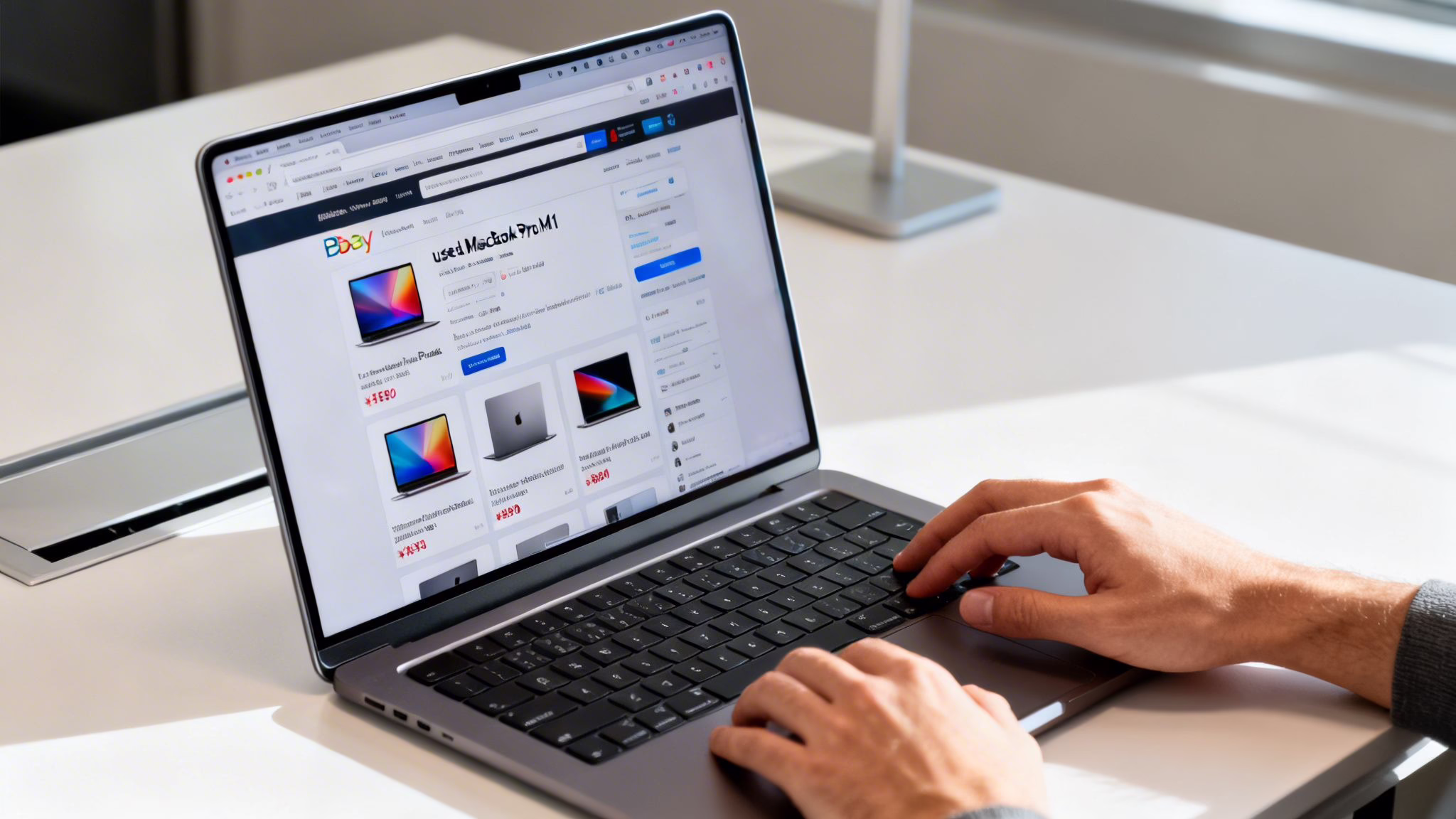 A person browsing a website for used MacBook Pro computers on a laptop screen while working at a desk.