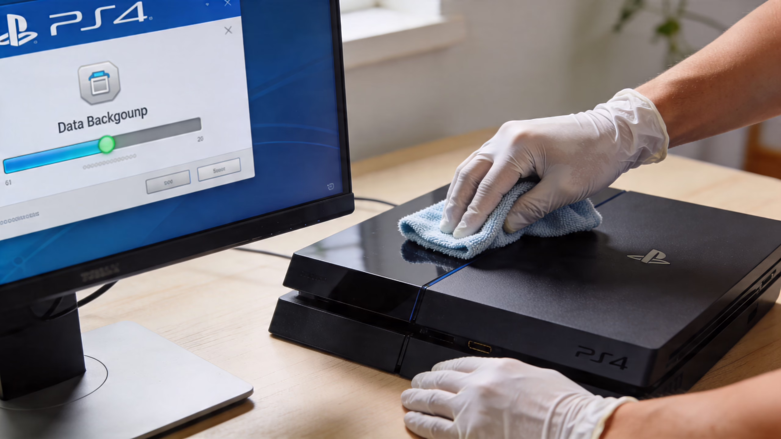 How to Sell My PS4: A UK Seller’s Guide (2026) 1 A person wearing white latex gloves cleaning a black PlayStation 4 console with a microfiber cloth.