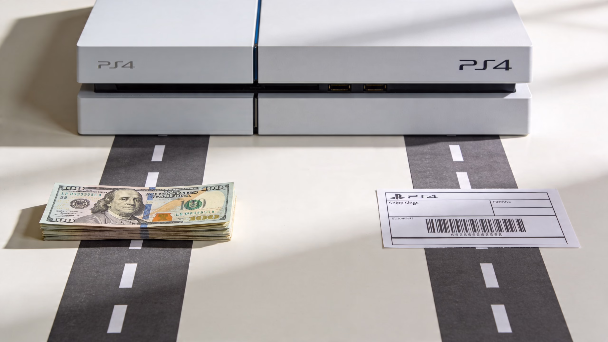 How to Sell My PS4: A UK Seller’s Guide (2026) 2 A white PlayStation 4 console placed above a stack of hundred dollar bills and a shipping label.