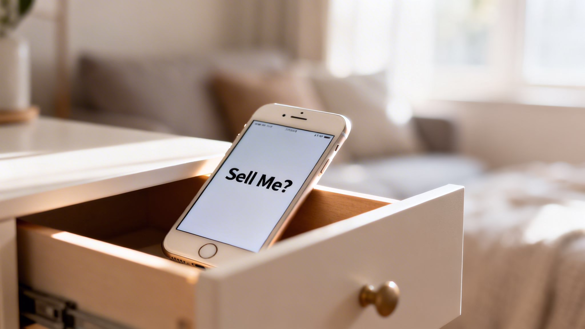 An older iPhone model sitting inside a partially open wooden desk drawer in a brightly lit room.