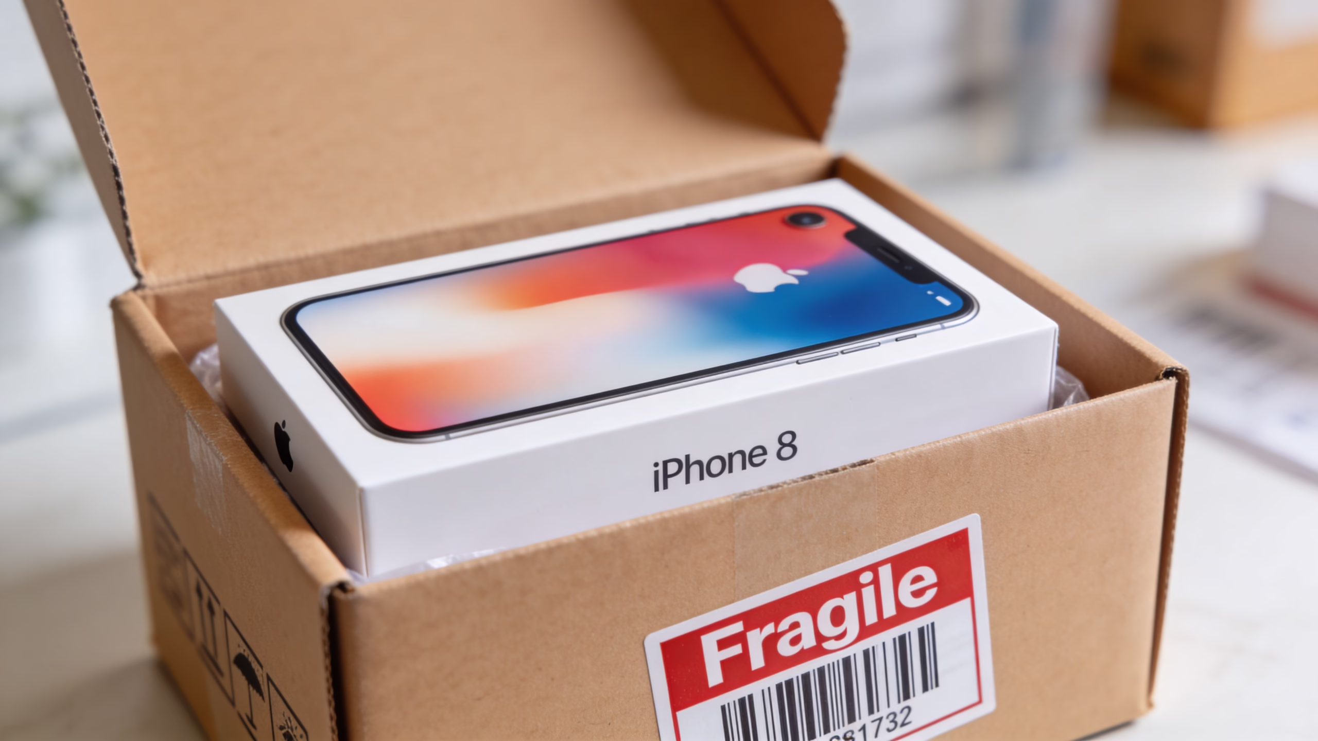 Selling iPhone 8: Your 2026 UK Guide for Top Value 4 An Apple iPhone 8 smartphone box inside a cardboard shipping box marked with a red fragile sticker.