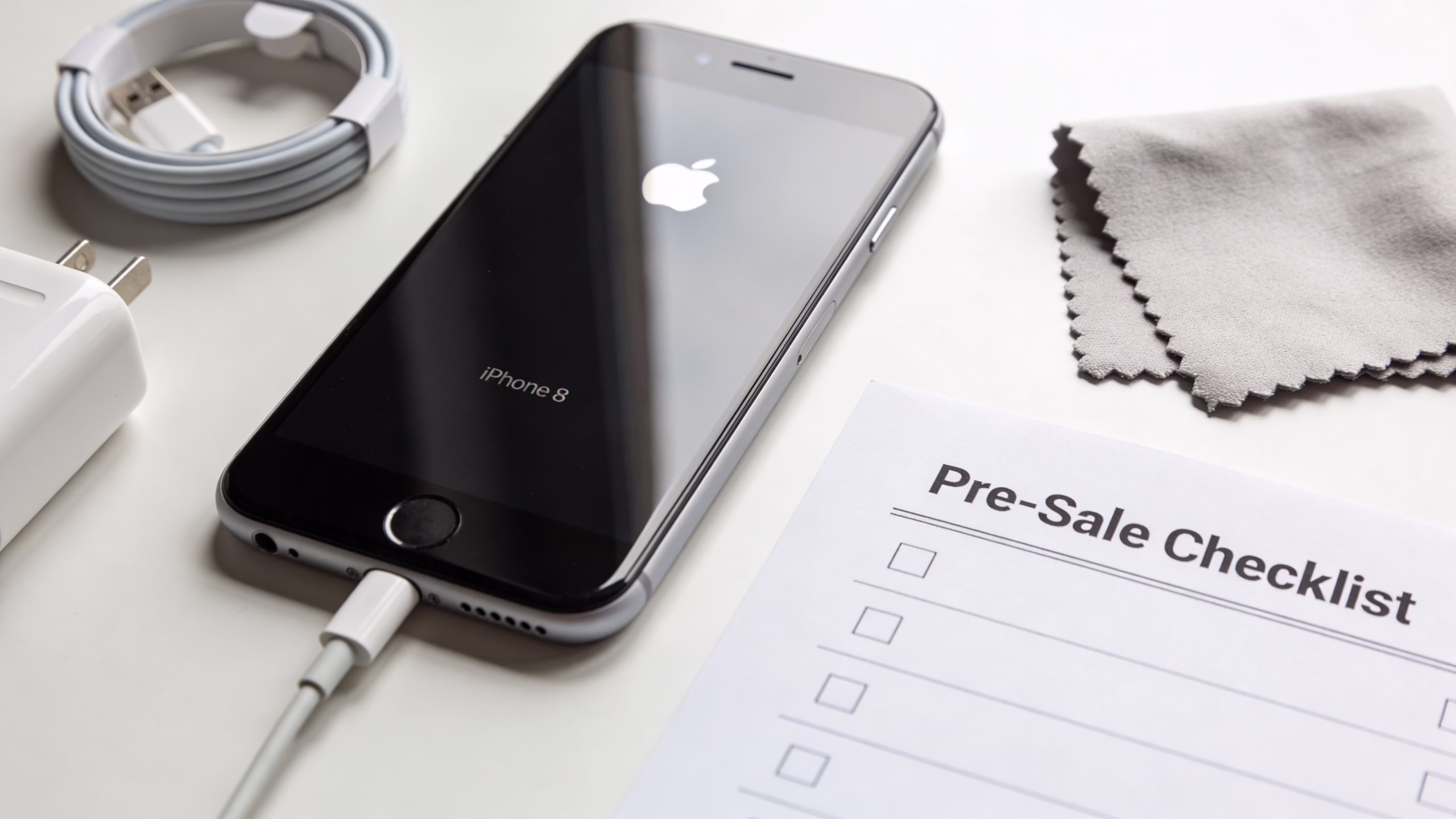Selling iPhone 8: Your 2026 UK Guide for Top Value 1 A black iPhone 8 being prepared for sale with a charging cable, adapter, and checklist.