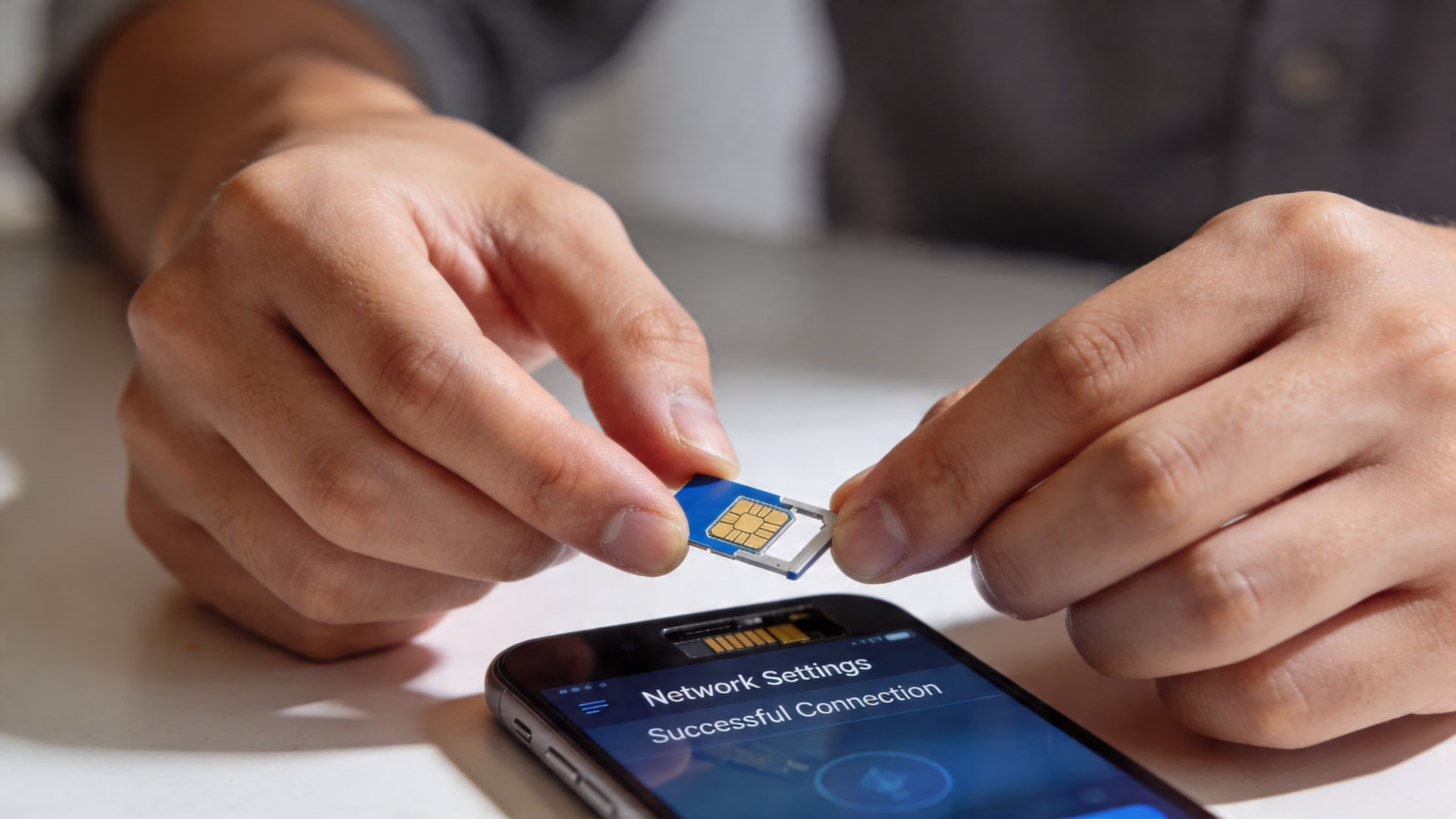 A person holding a SIM card in their hands above a mobile phone displaying a successful connection.
