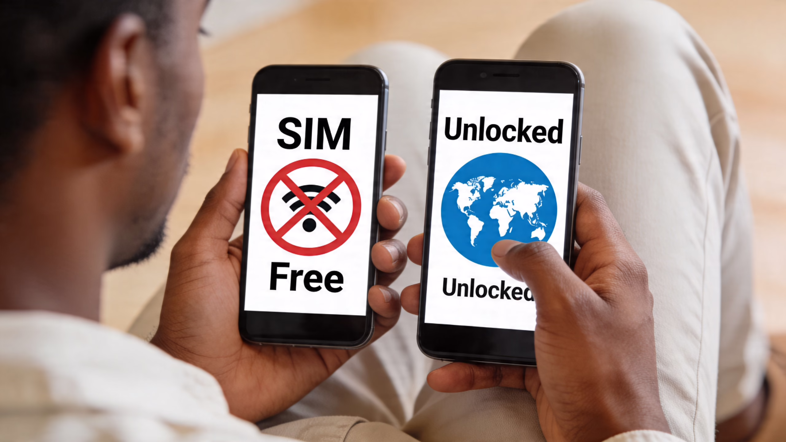 A person holding two smartphones, one showing SIM Free text and the other showing Unlocked world map.