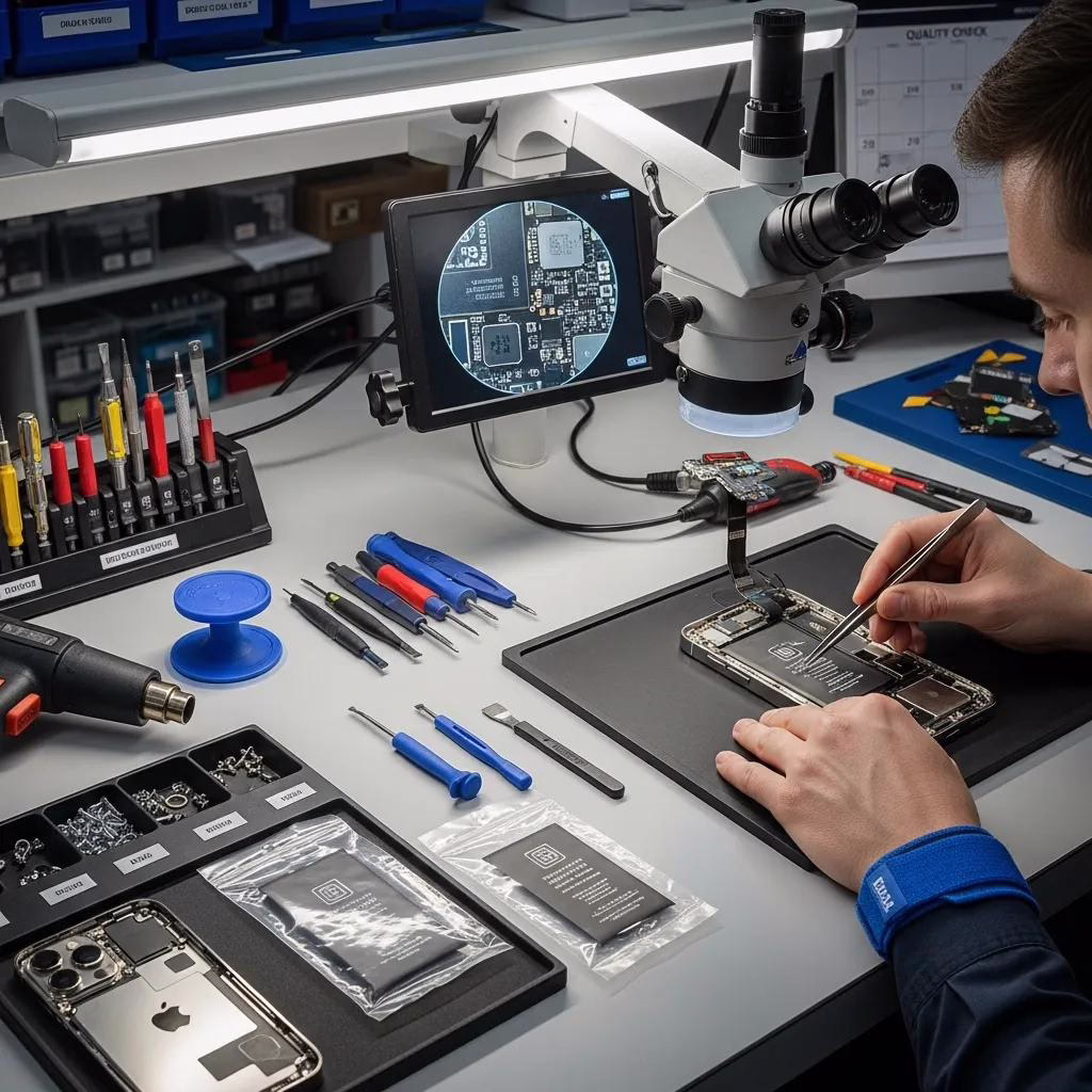 Best Refurbished iPhones Under £300 in the UK — 2026 Edition 2 Technician inspecting and repairing an iPhone, illustrating the refurbishment process