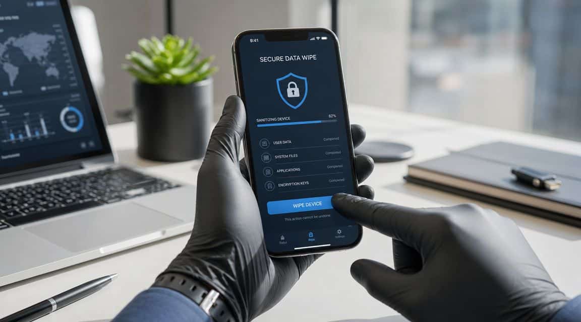 Are Refurbished Phones Safe UK 1 A technician wearing black gloves performs a secure data wipe on a mobile smartphone device.