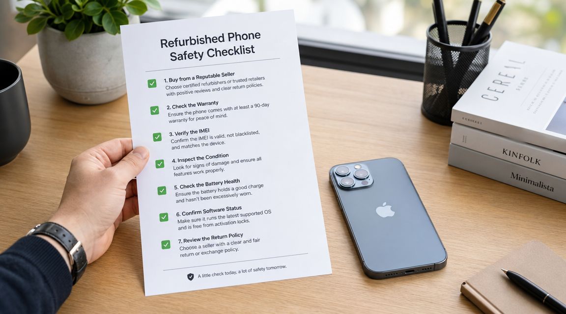 Are Refurbished Phones Safe UK 4 A person holds a refurbished phone safety checklist near an iPhone and books on a wooden desk.