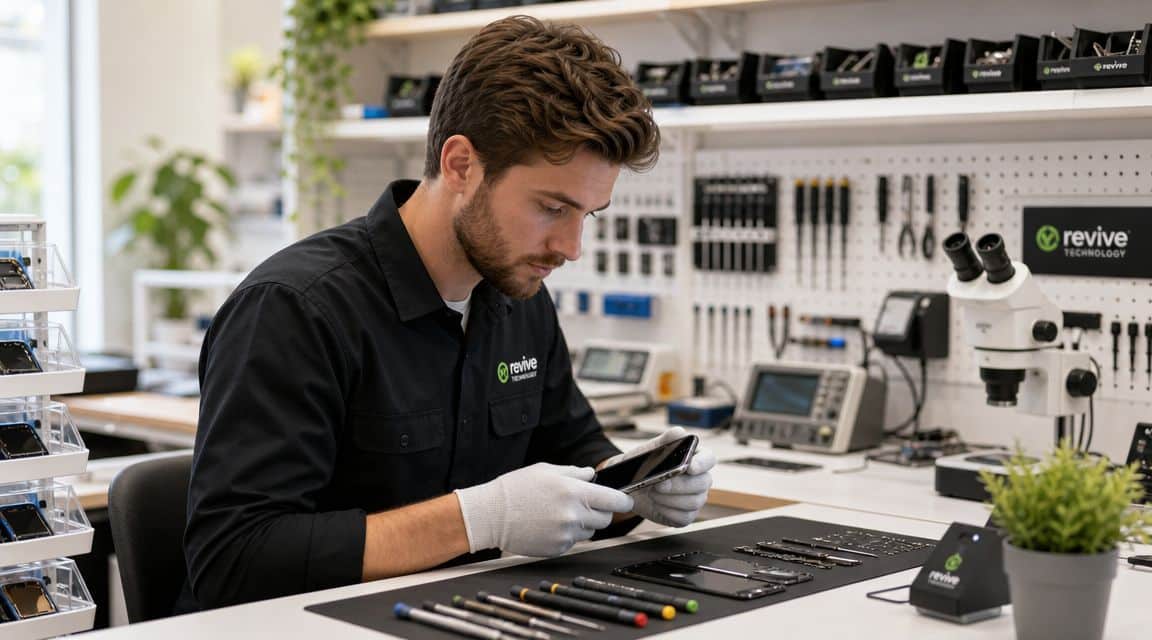 Are Refurbished Phones Safe UK 3 A technician wearing gloves works on a refurbished smartphone at a professional repair station in the UK.