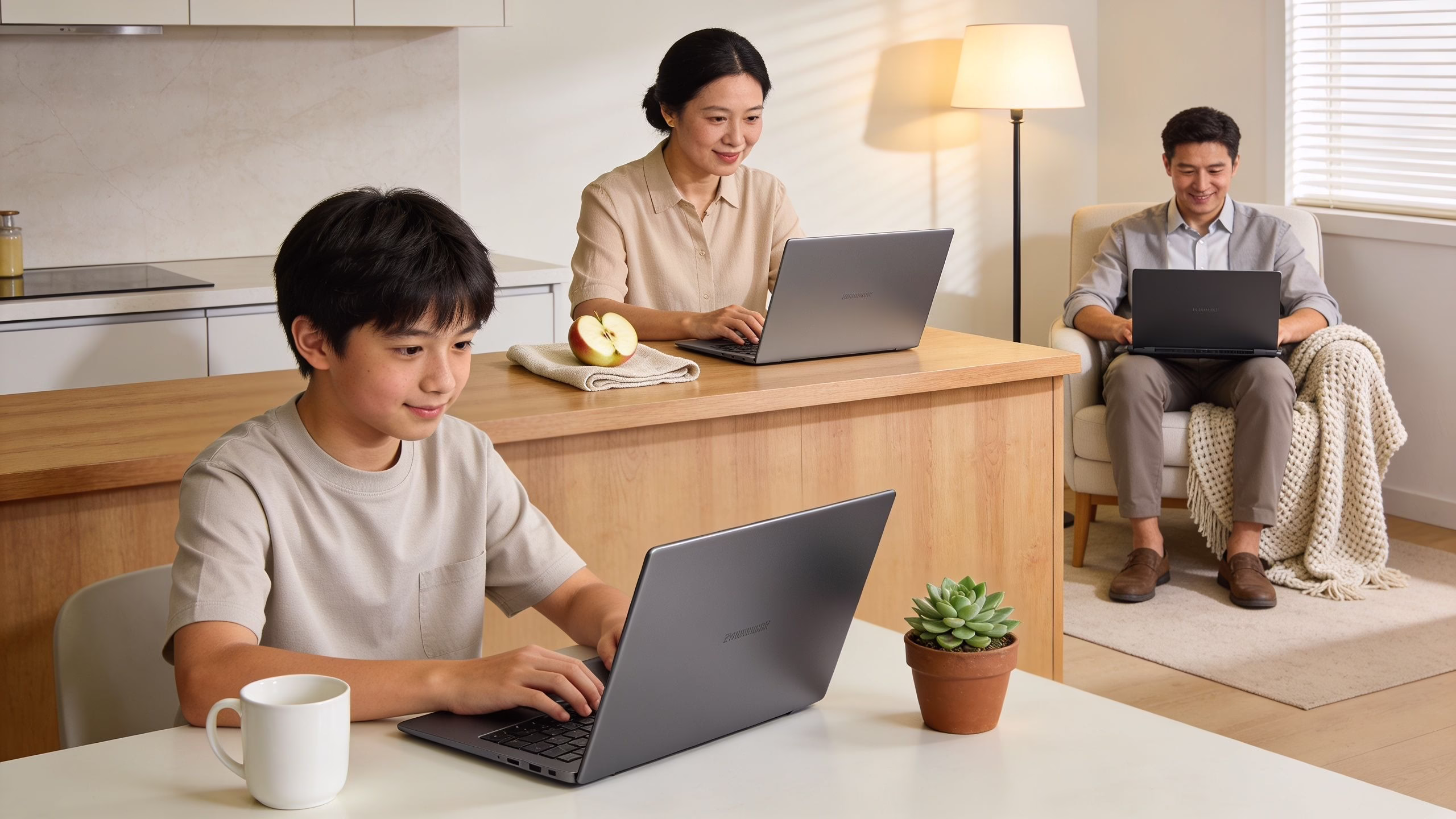 Best Refurbished Laptops: Top Picks and Guide 3 A family of three working and studying together on laptops in a modern, bright, and comfortable home.