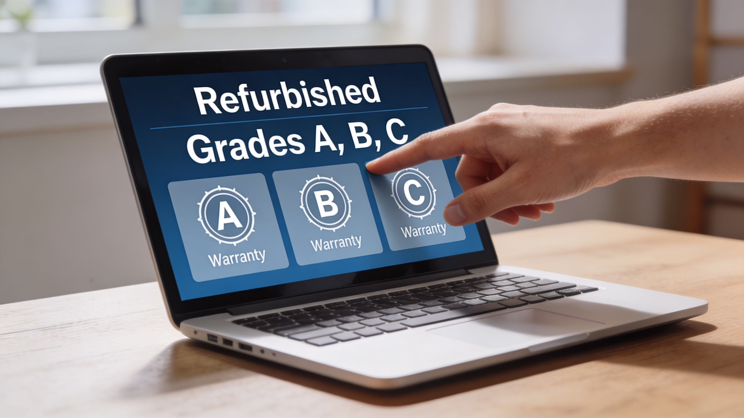 Best Refurbished Laptops: Top Picks and Guide 2 A person pointing at the letter C option on a laptop screen displaying refurbished grade warranty categories.