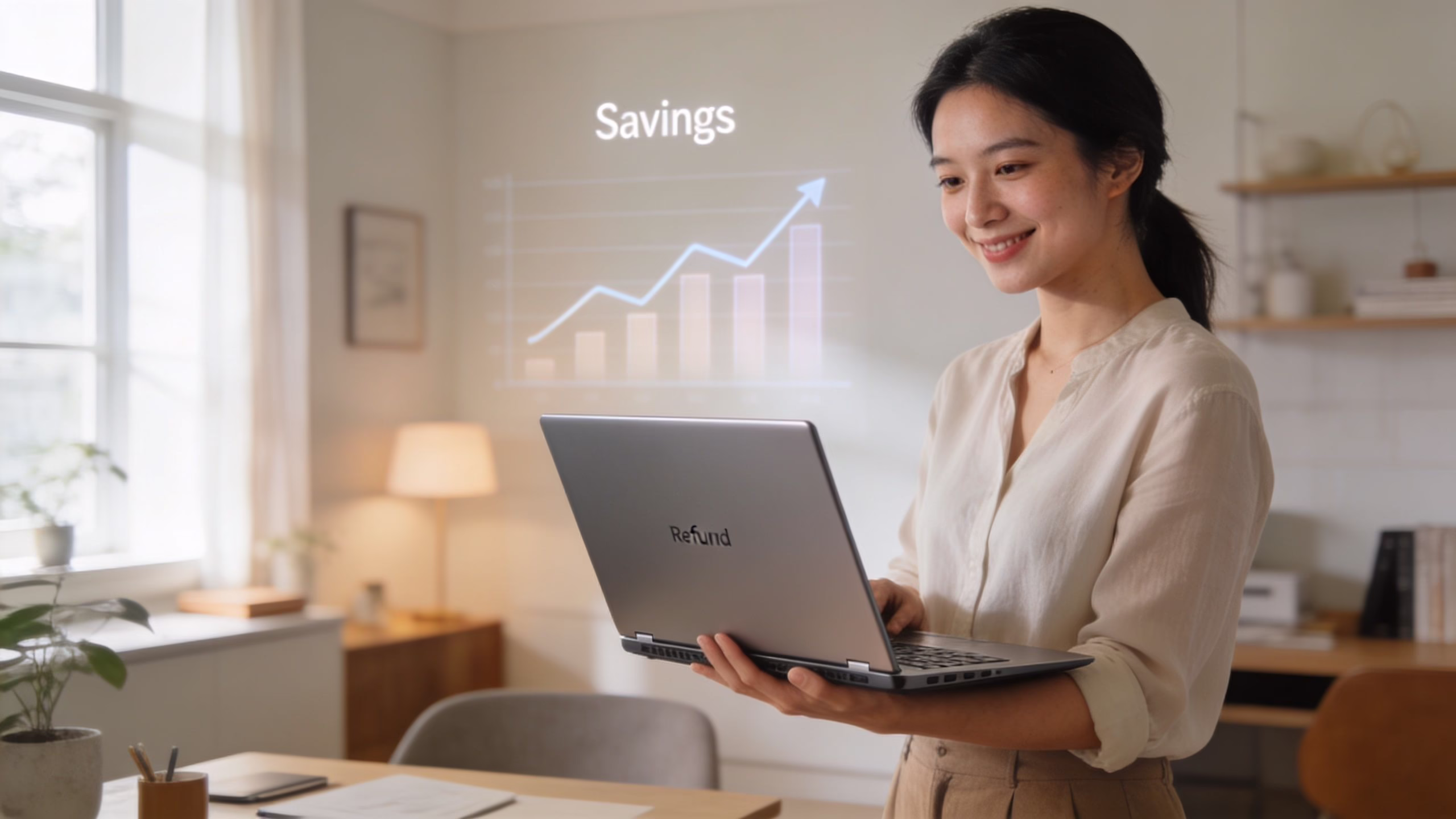 Best Refurbished Laptops: Top Picks and Guide 1 A smiling Asian woman stands holding a refurbished laptop while looking at a virtual savings growth graph.