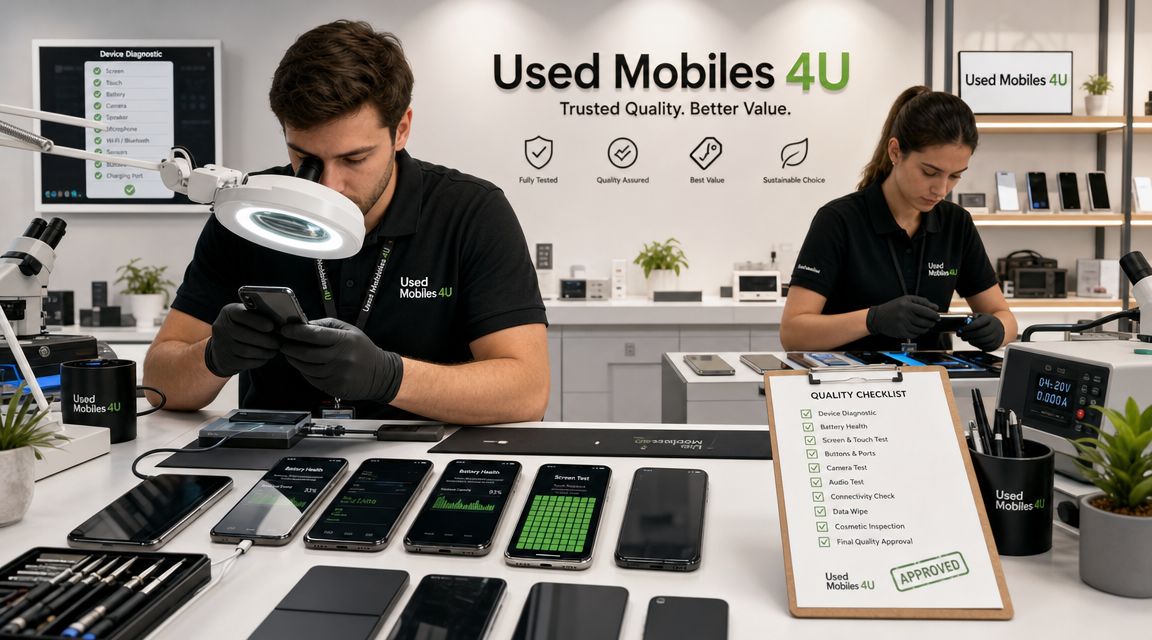 Cheapest Refurbished iPhone UK: 2026 Buyer's Guide 4 Two technicians in black uniforms meticulously testing and inspecting refurbished smartphones at a professional diagnostic workstation.
