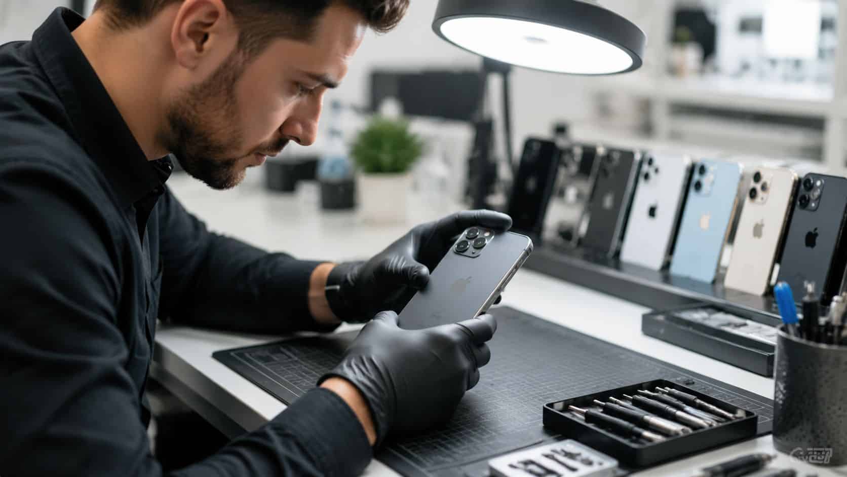 Grade a vs. Grade B Refurbished iPhones: Your 2026 Buying 11 A professional technician wearing black gloves inspects a refurbished iPhone in a clean repair workshop environment.