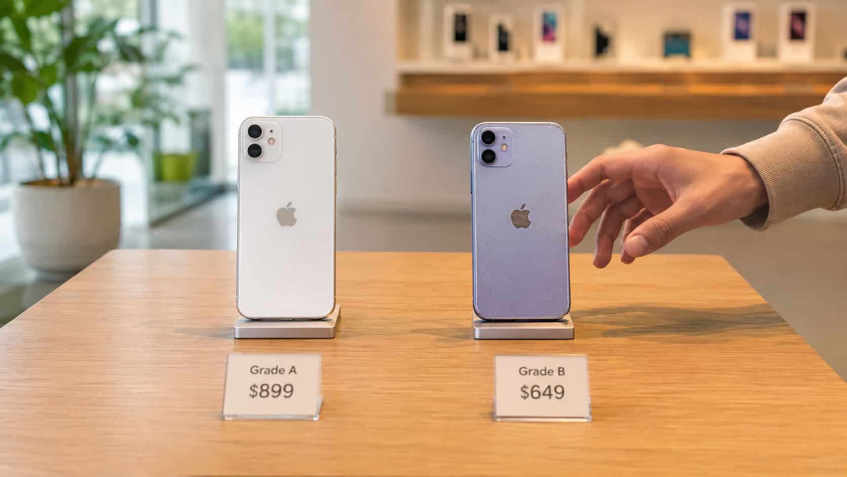 Grade a vs. Grade B Refurbished iPhones: Your 2026 Buying 10 Two iPhones on display stands, labeled Grade A and Grade B with their respective prices of $899 and $649.