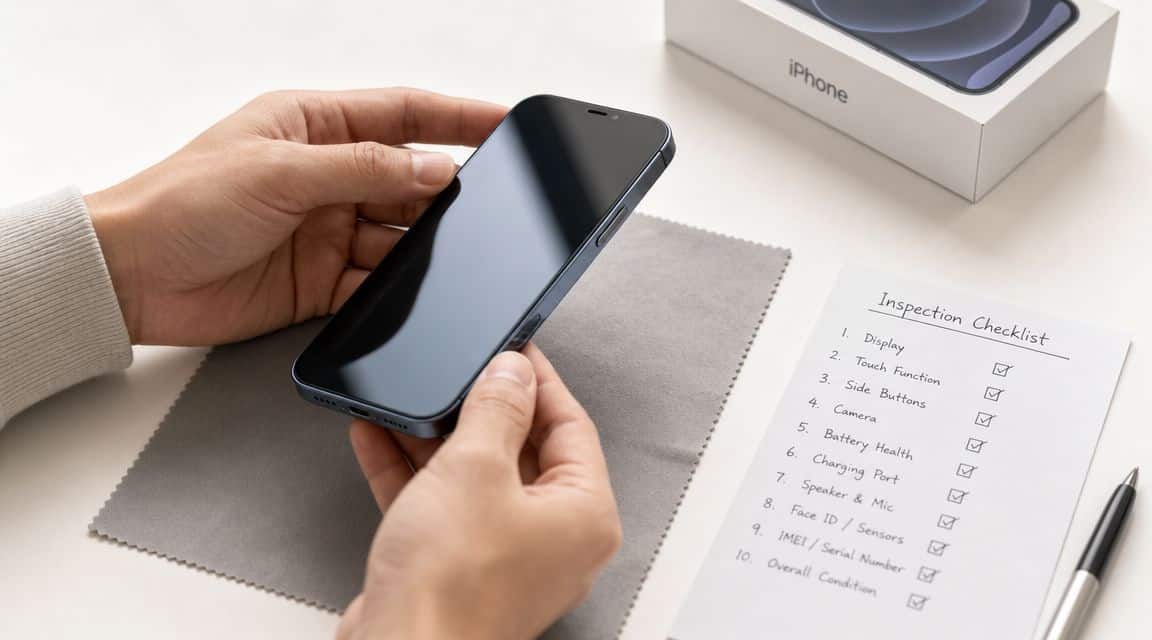 Refurbished iPhone 12 UK: 2026 Buying Guide 4 A person holding a dark blue iPhone 12 while using an inspection checklist for a quality review.