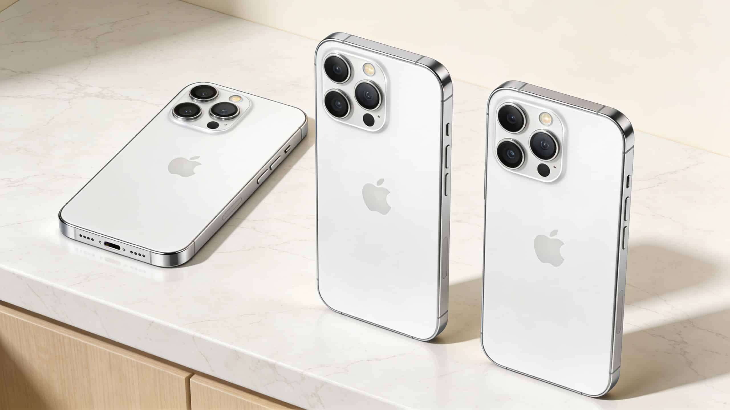 Refurbished iPhone 13 UK: 2026 Buying Guide & Best Deals 2 Three silver iPhones displayed on a marble countertop representing the refurbished iPhone 13 lineup in the UK.