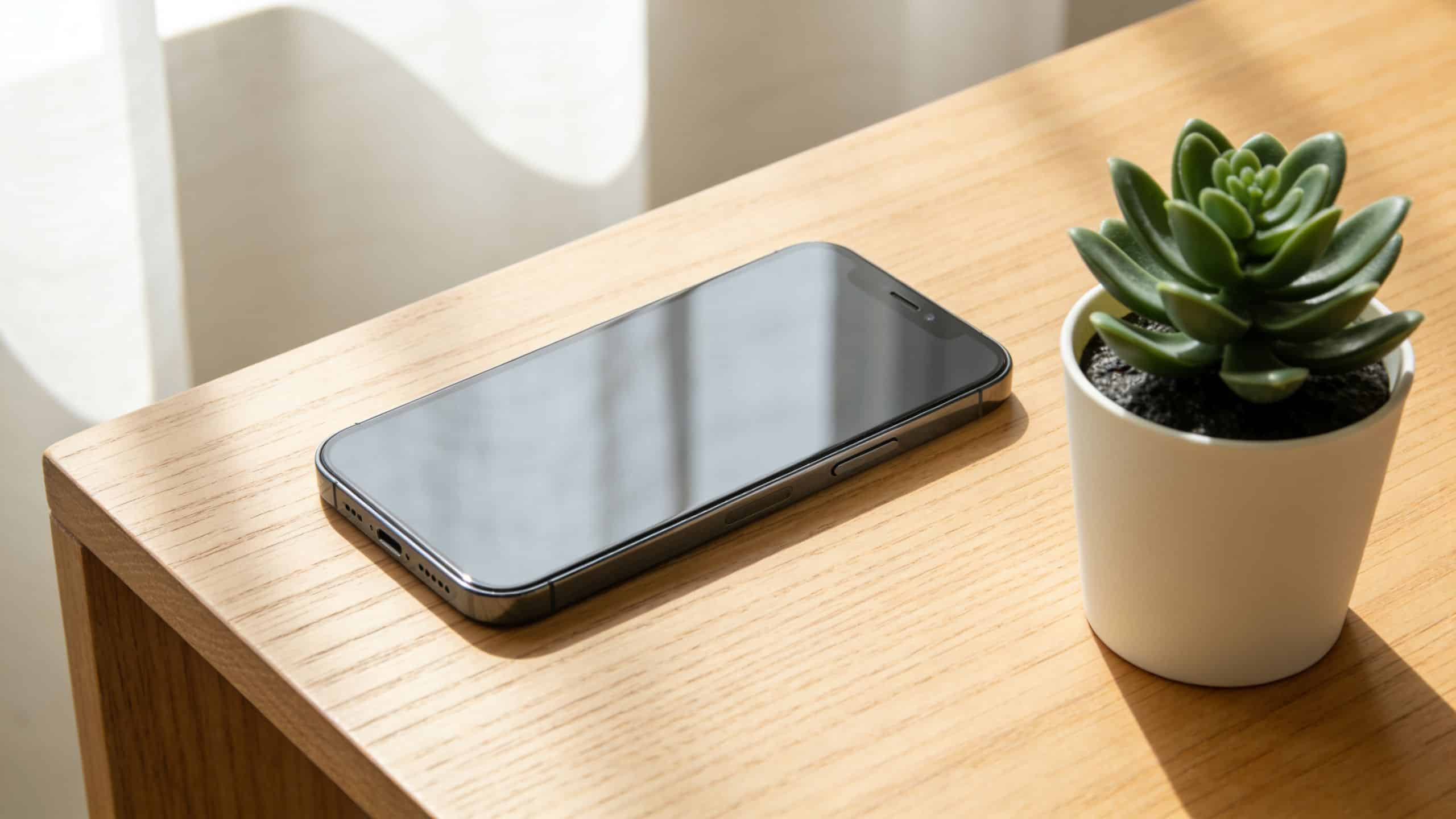 Refurbished iPhone 13 UK: 2026 Buying Guide & Best Deals 1 A modern smartphone placed on a wooden desk next to a small potted succulent plant.