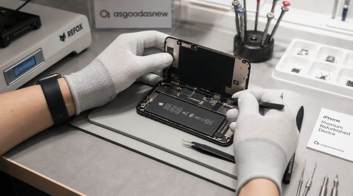 Refurbished iPhone 13 vs 14: A UK Buyer's Guide 2026 2 A technician wearing white gloves repairs an opened iPhone, showing the internal battery and components on a workbench.