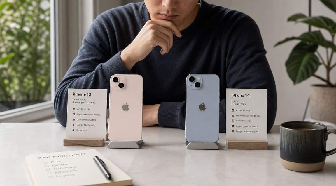 Refurbished iPhone 13 vs 14: A UK Buyer's Guide 2026 3 A person compares the iPhone 13 and iPhone 14 with a checklist to decide which to purchase.