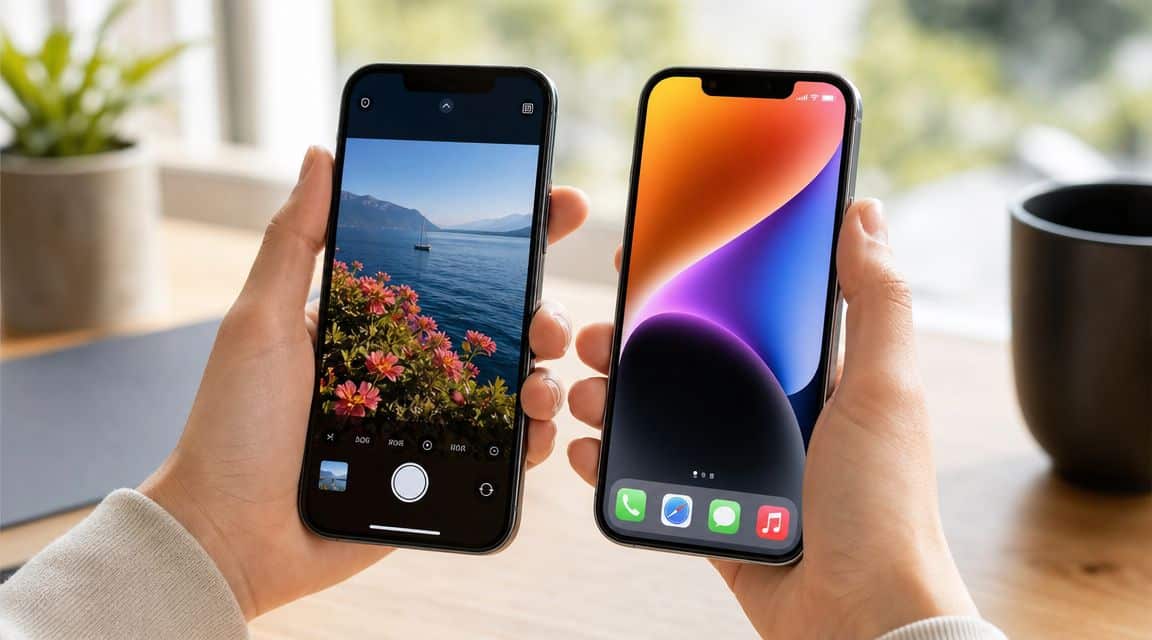 Refurbished iPhone 13 vs 14: A UK Buyer's Guide 2026 1 A person holding two modern smartphones, one displaying the camera app and the other showing the home screen.