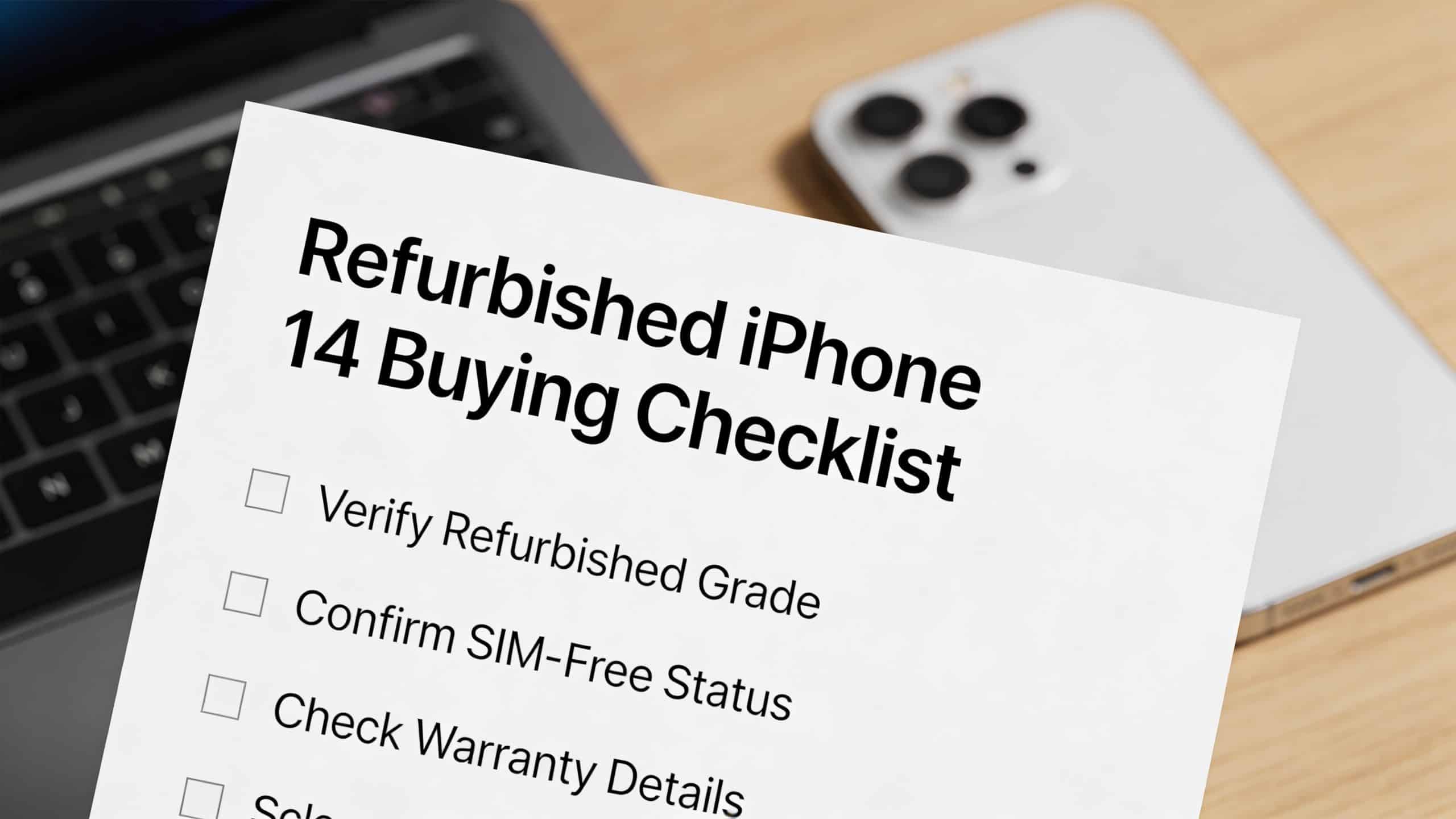 Refurbished iPhone 14 UK: Your 2026 Buying Guide 4 A printed checklist for buying a refurbished iPhone 14 lying on a desk with a laptop.