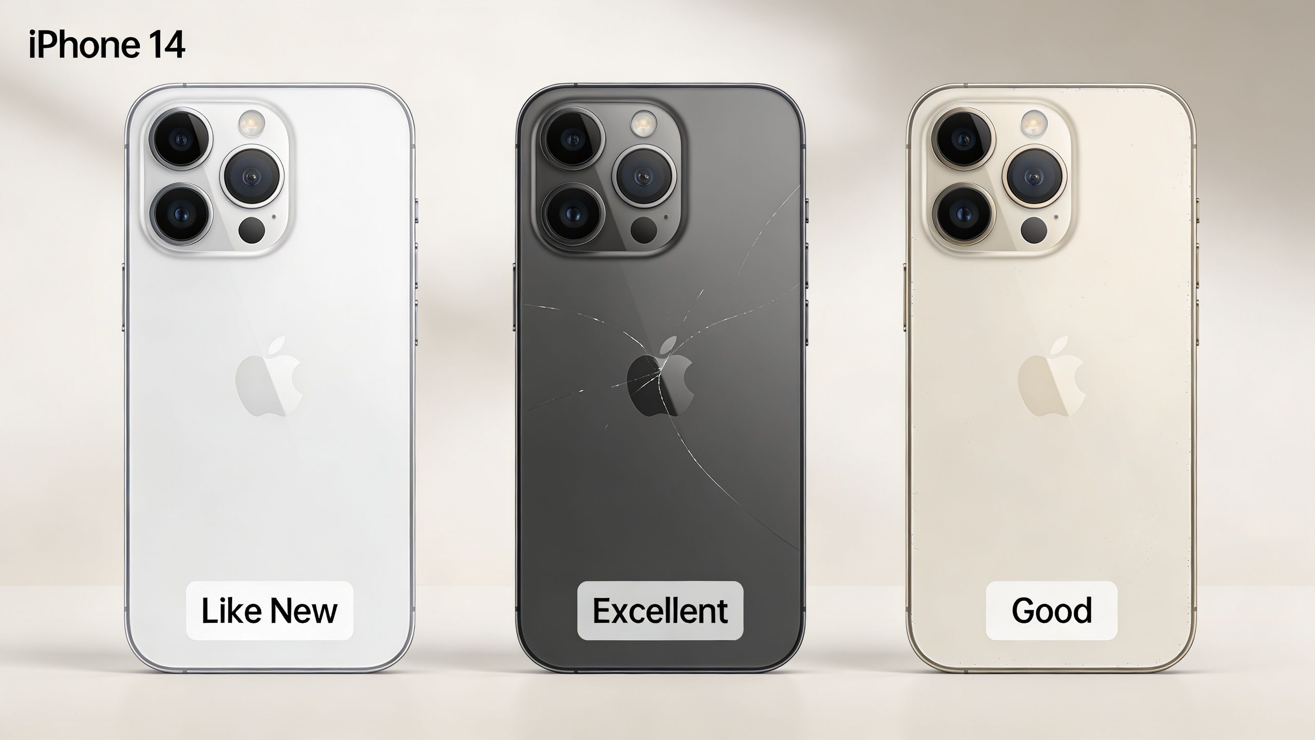 Refurbished iPhone 14 UK: Your 2026 Buying Guide 2 Three iPhone 14 devices shown in different conditions ranging from like new to good, display back view.