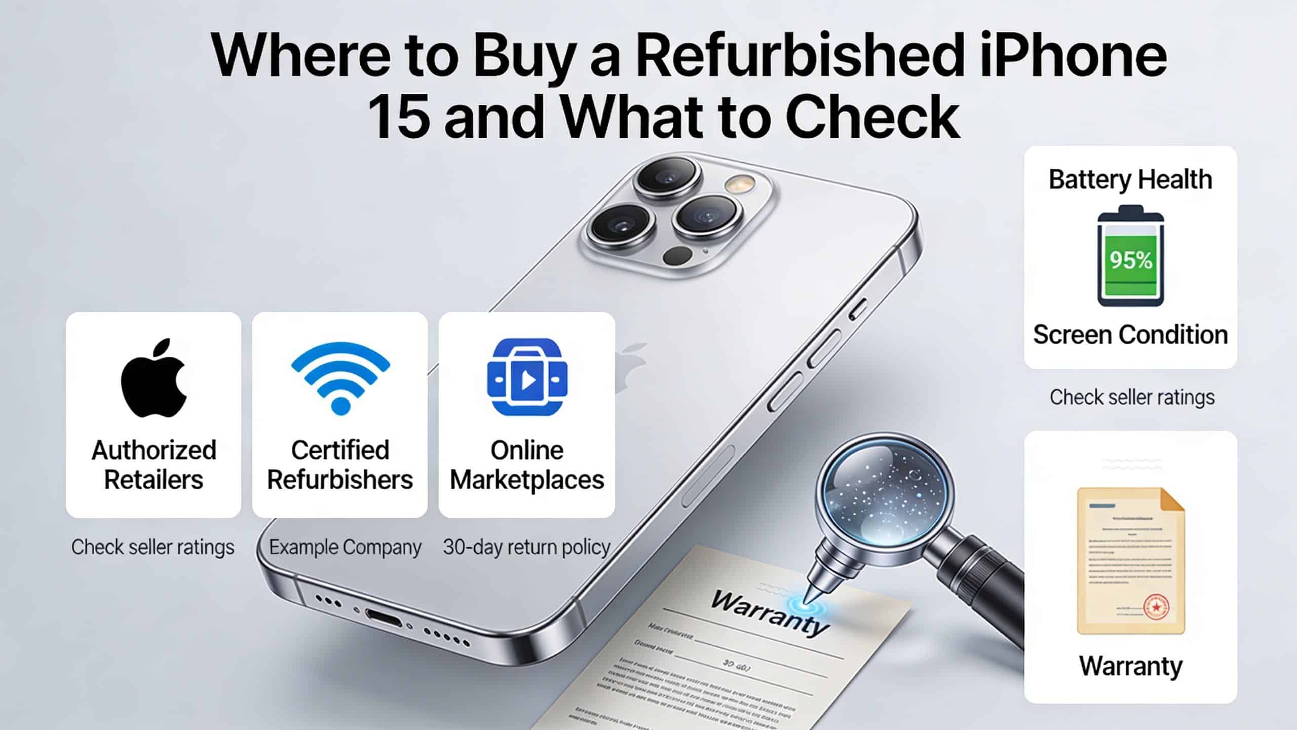 Refurbished iPhone 15 UK: 2026 Buyer's Guide 3 An infographic showing where to buy a refurbished iPhone 15 and what key factors to check.