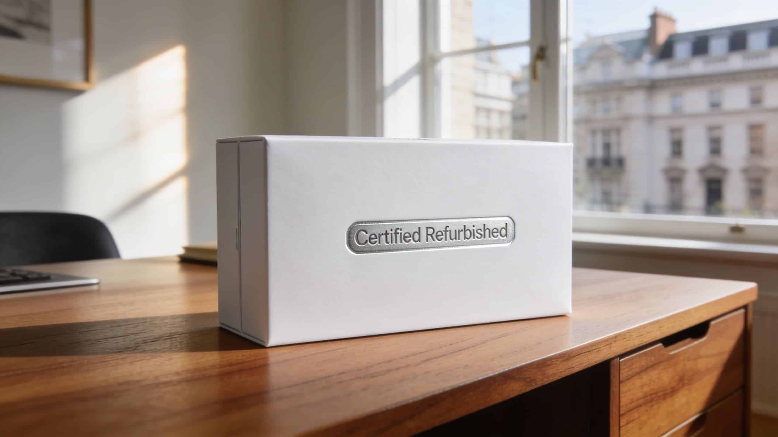 Refurbished iPhone 15 UK: 2026 Buyer's Guide 2 A clean, white Certified Refurbished product box sits on a wooden desk by a bright window.