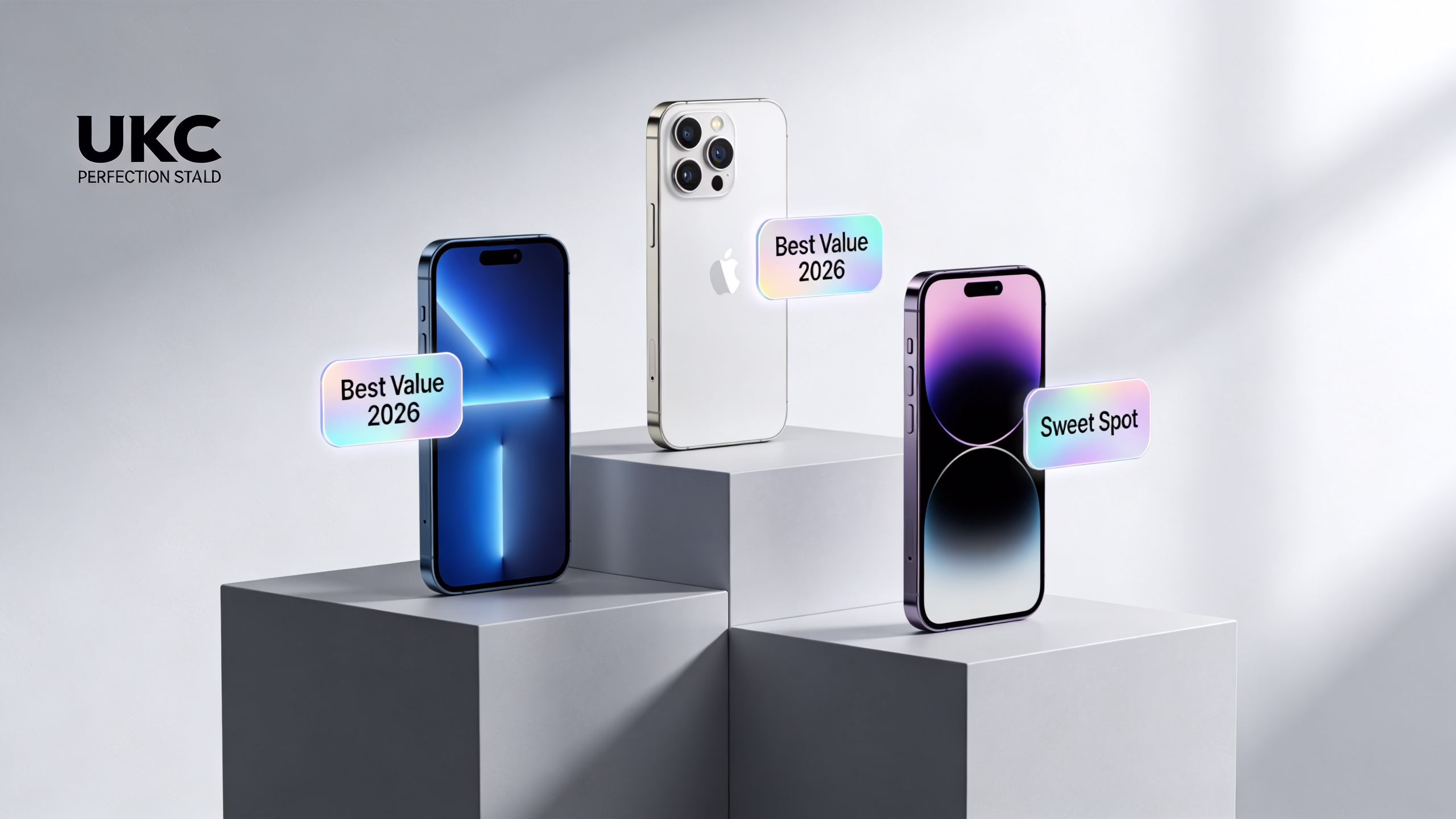 Get the Best Refurbished iPhone Deals UK 2026 3 Three iPhones placed on grey geometric blocks displaying Best Value and Sweet Spot labels for 2026.