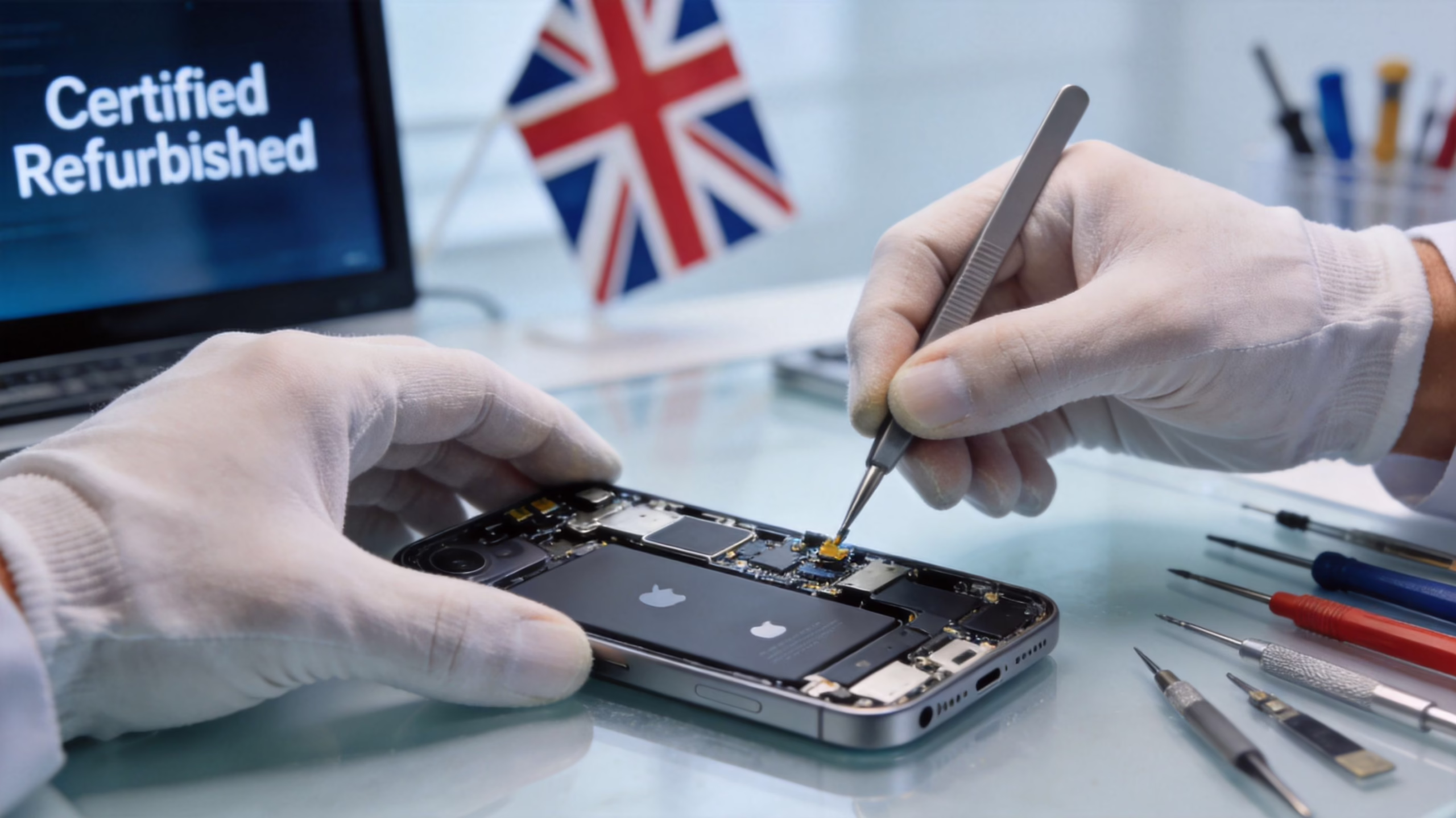 Get the Best Refurbished iPhone Deals UK 2026 1 A technician wearing white gloves uses tweezers to repair an opened iPhone on a desk in the UK.