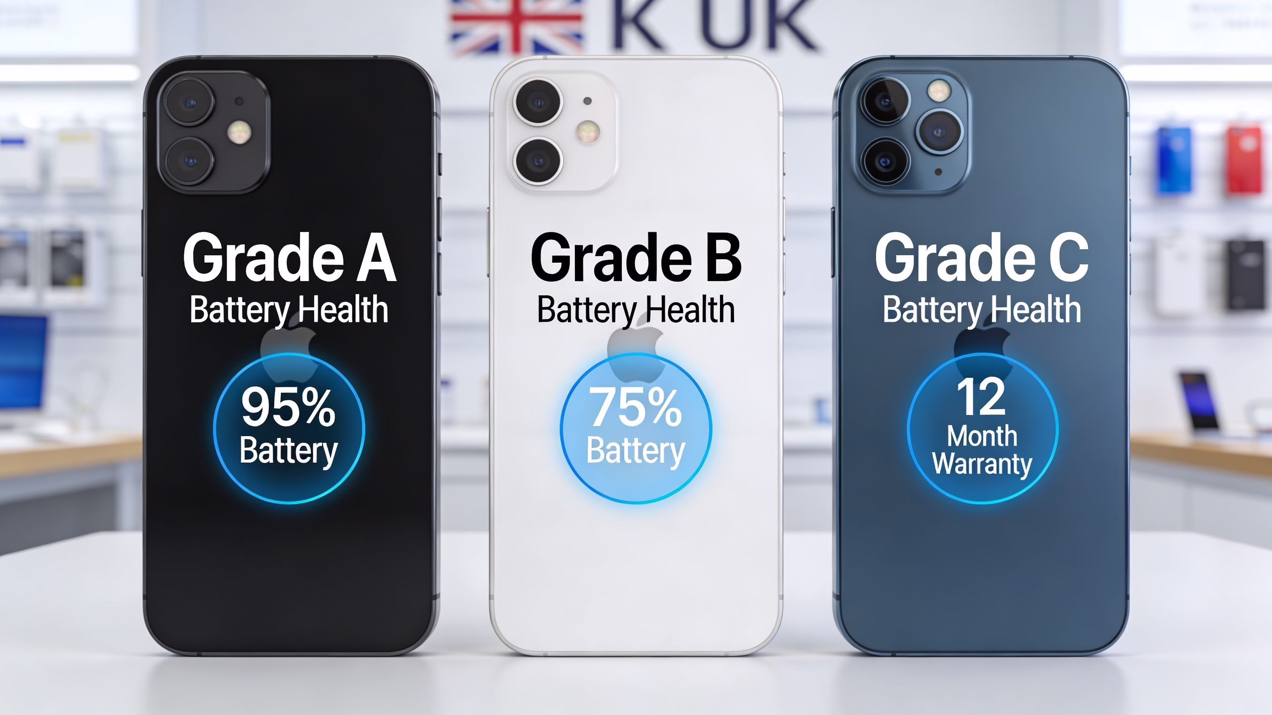 Get the Best Refurbished iPhone Deals UK 2026 2 Three refurbished Apple iPhones displayed in black, white, and blue with battery health and warranty grade labels.