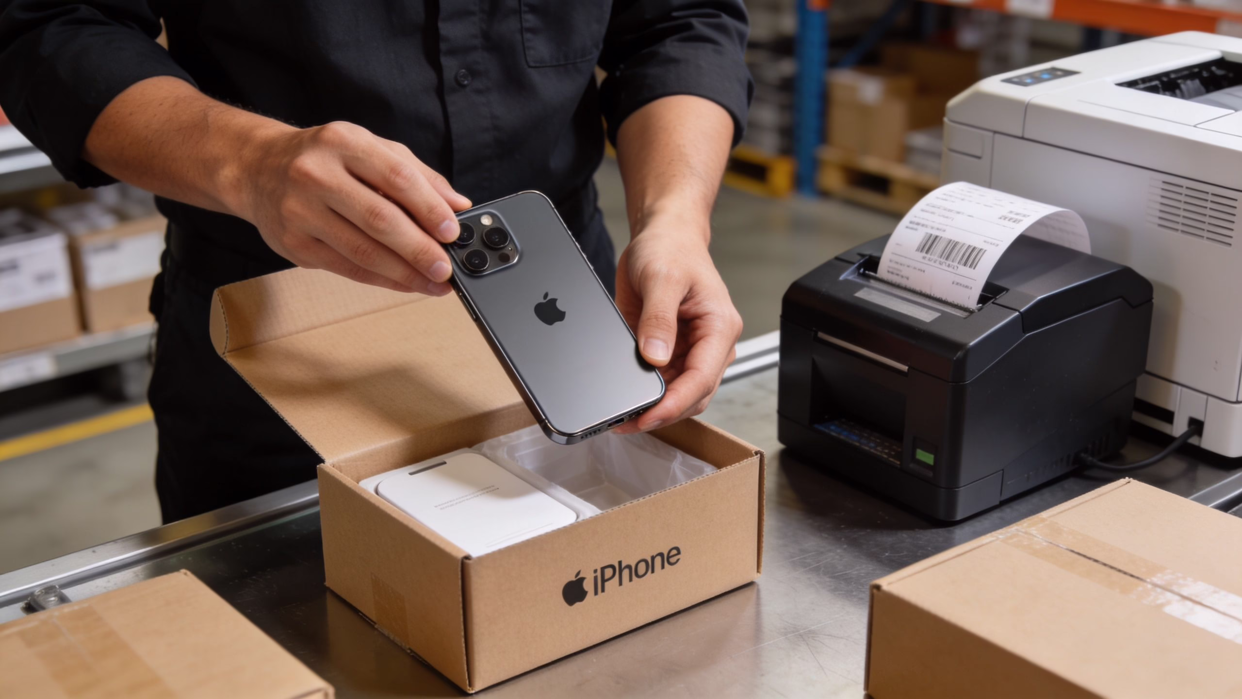 Refurbished iPhone Next Day Delivery UK: 2026 Buying Guide 1 A warehouse worker placing a refurbished iPhone into a cardboard shipping box for next day delivery.