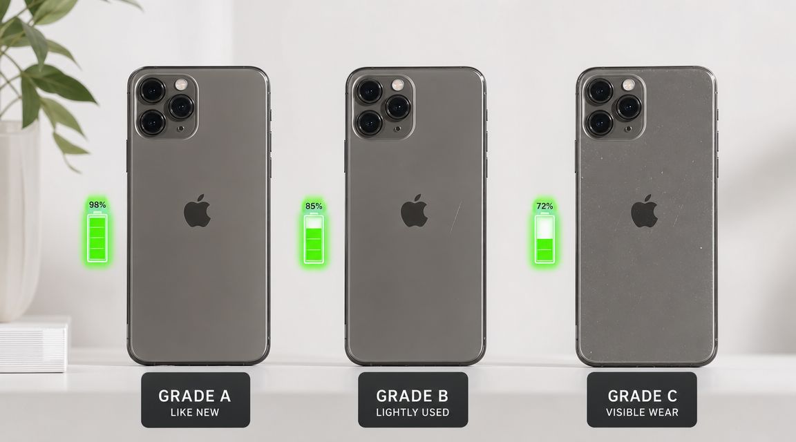 Refurbished iPhone Pro Max UK: Your 2026 Buying Guide 2 Three iPhone Pro Max models labeled as Grade A, B, and C with different battery health percentages displayed.