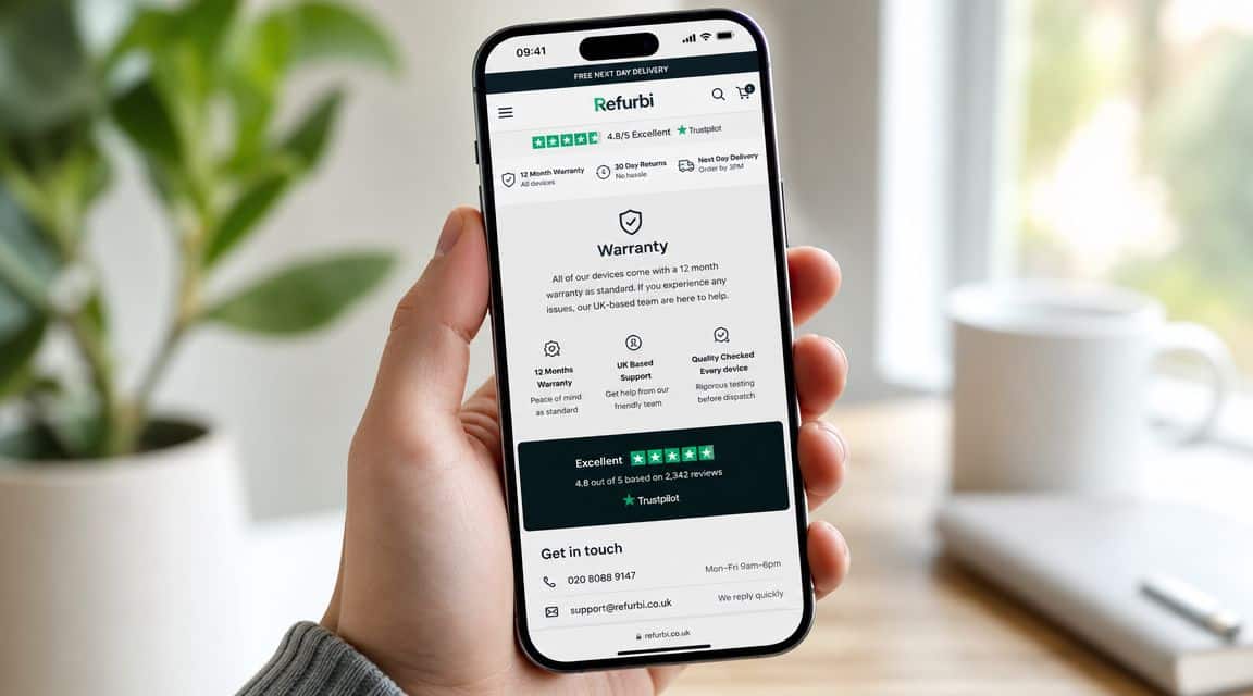 Refurbished iPhone Pro Max UK: Your 2026 Buying Guide 3 A hand holds a smartphone displaying the Refurbi website, highlighting warranty and customer support services.