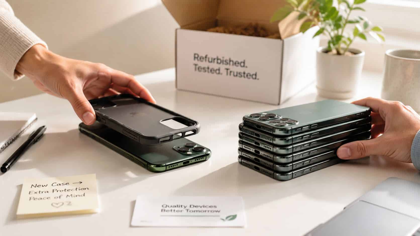 Refurbished iPhone Pro Max UK: Your 2026 Buying Guide 4 A person placing a protective phone case onto a green smartphone with a stack of phones nearby.