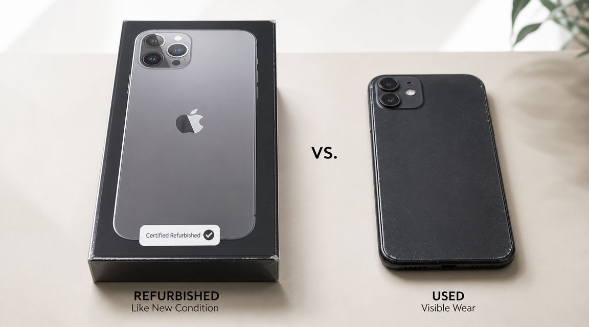 Refurbished iPhone Pro Max UK: Your 2026 Buying Guide 1 A visual comparison between a certified refurbished iPhone Pro Max in a box and a worn used smartphone.