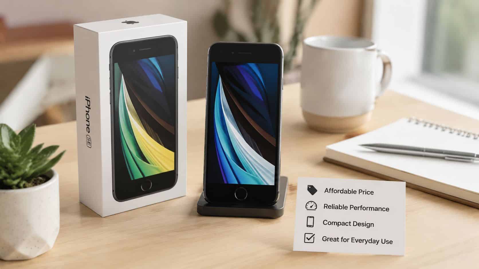 Find Your Refurbished iPhone SE UK: 2026 Guide 3 A black iPhone SE on a charging stand next to its box and a list of benefits.