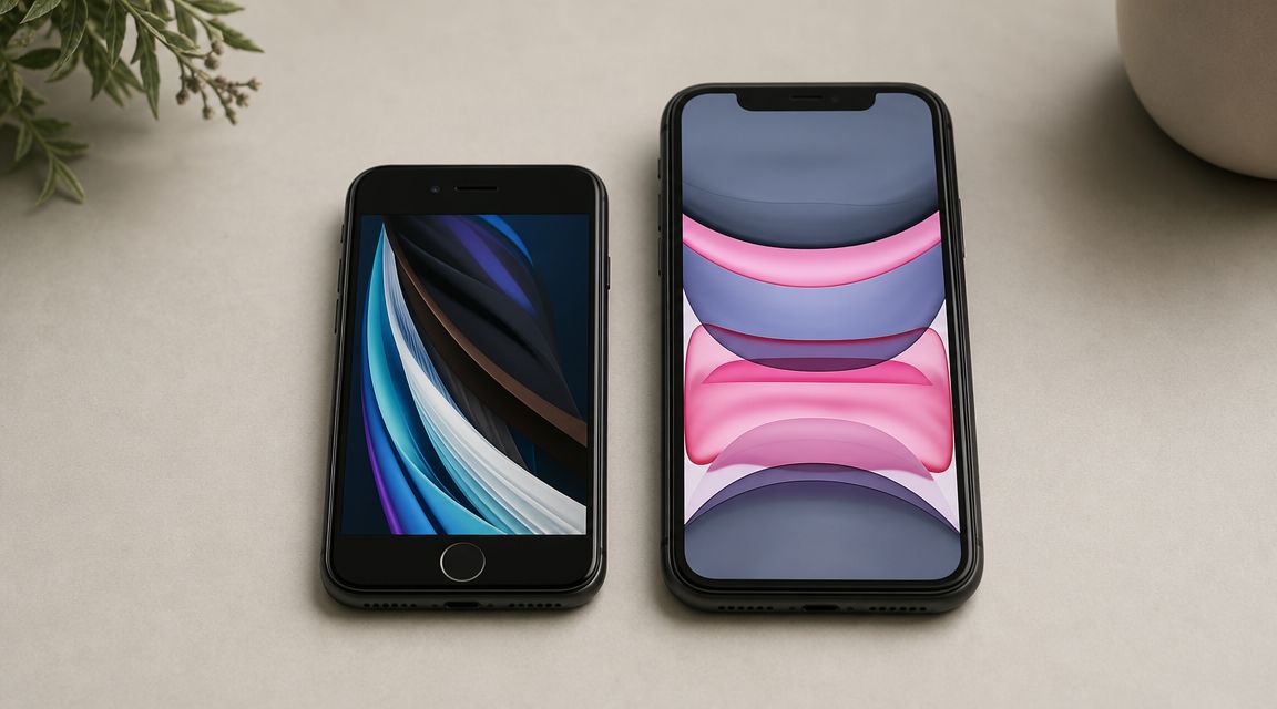 Find Your Refurbished iPhone SE UK: 2026 Guide 2 A small iPhone SE and a larger smartphone placed side by side on a light gray surface.