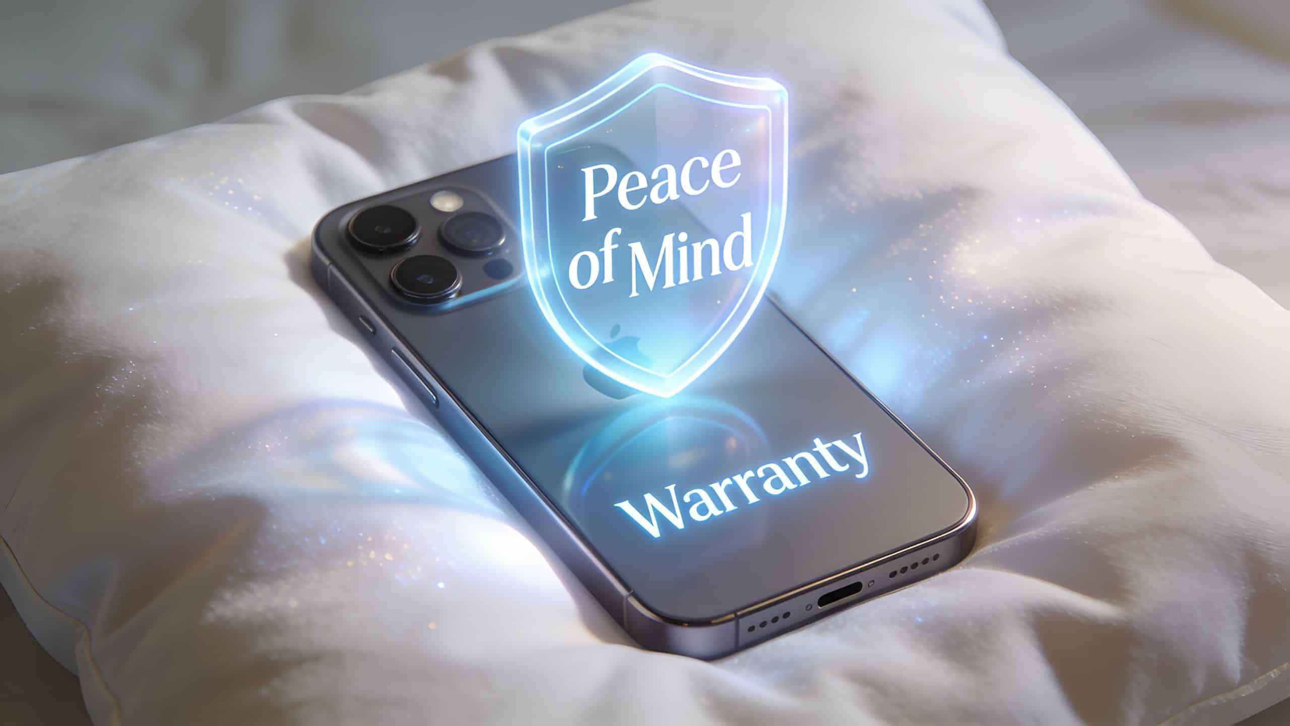 Refurbished iPhones With Warranty UK: Buyer's Guide 4 A modern smartphone resting on a soft white pillow featuring a glowing blue holographic warranty shield icon.