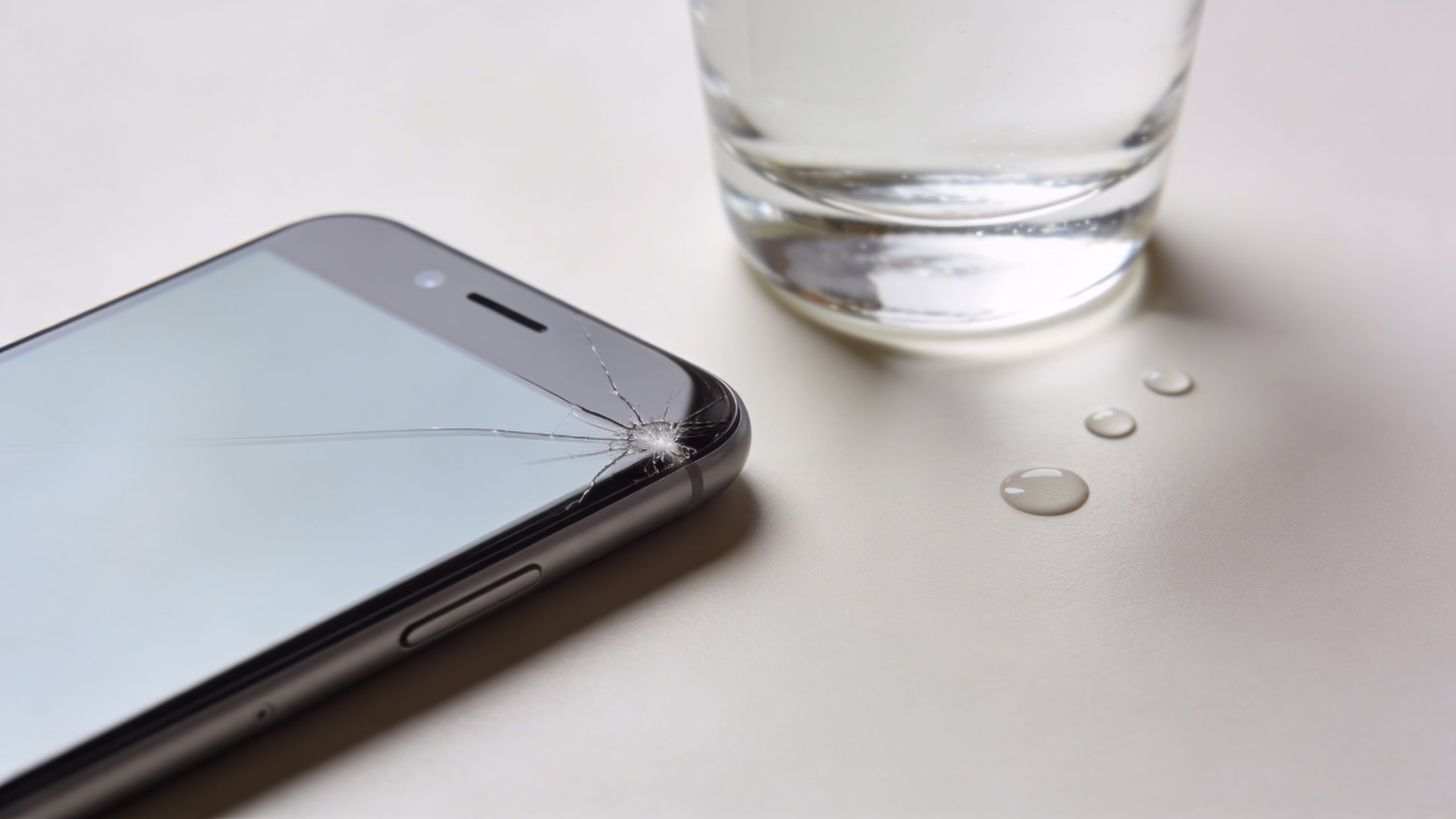 Refurbished Phones UK Warranty: Your Rights 2 A cracked smartphone screen lying on a table next to a glass of water with spilled droplets.