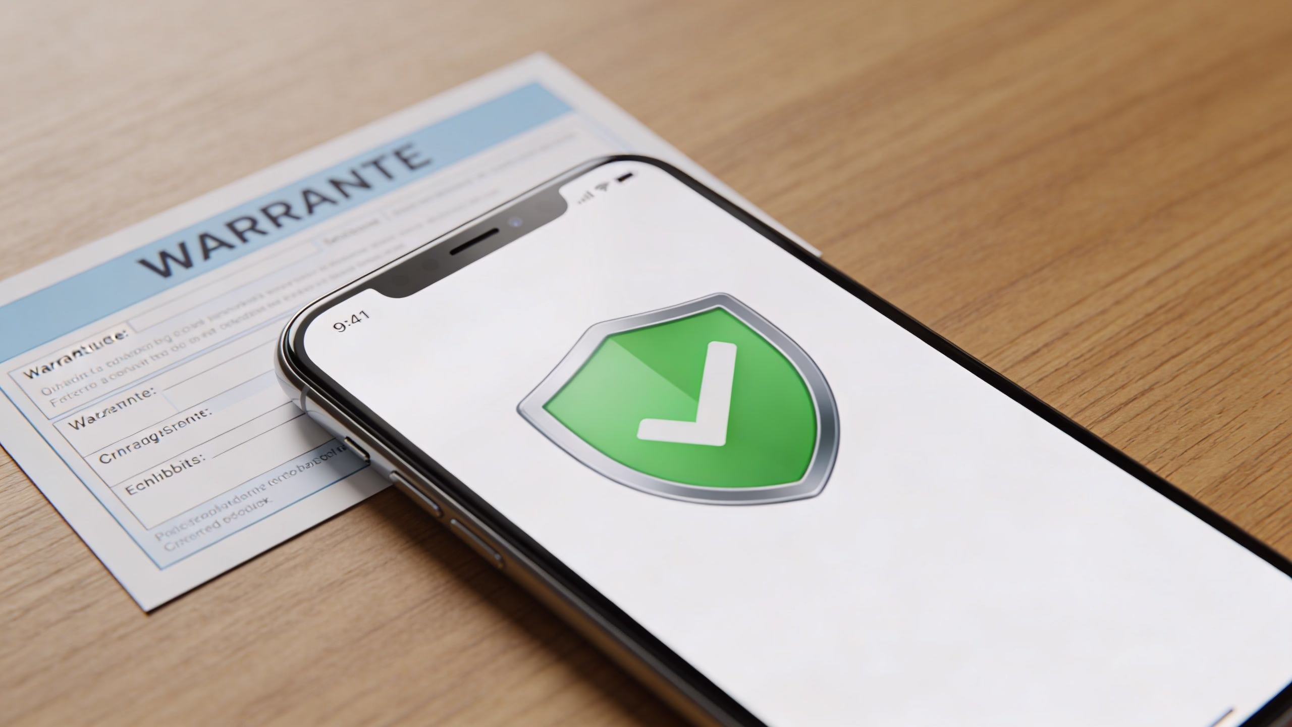 Refurbished Phones UK Warranty: Your Rights 1 A modern smartphone displaying a green shield with a checkmark resting on a warranty document on wood.
