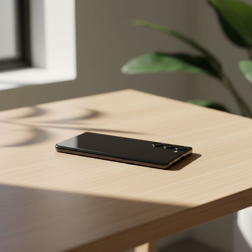 Refurbished Galaxy S21 Buyer's Guide for the UK in 2026 1 A pristine silver Samsung Galaxy smartphone rests on a textured oak surface under soft sunlight. The minimalist arrangement highlights the device's clean screen and polished edges against the warm wood background.