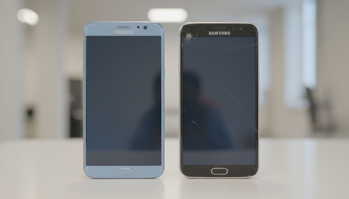 Refurbished Galaxy S21 Buyer's Guide for the UK in 2026 2 Two identical smartphones rest side-by-side on a clean, light-colored table surface under bright studio lighting. The devices are positioned for a visual quality assessment in a professional product photography setting.