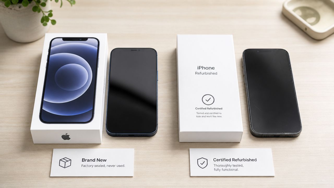 Refurbished vs New iPhone: A UK Buyer's Guide 2026 1 A comparison showing a brand new iPhone in its box next to a certified refurbished iPhone box.