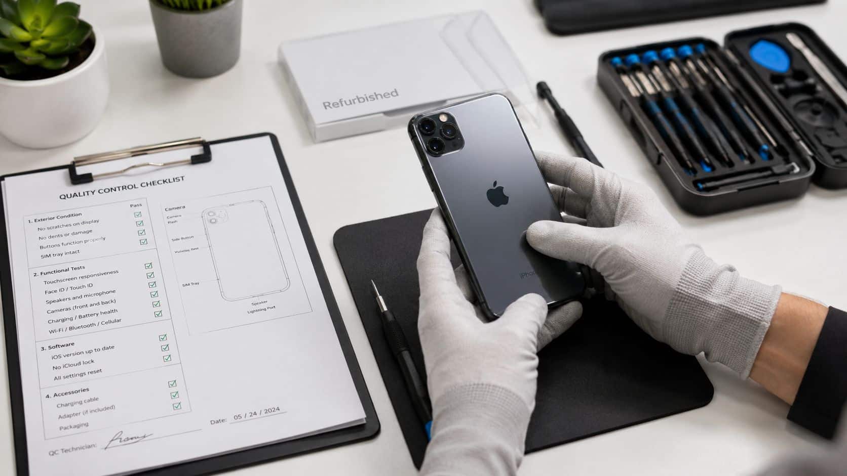 Refurbished vs New iPhone: A UK Buyer's Guide 2026 3 A technician wearing white gloves inspecting a refurbished iPhone against a quality control checklist on a desk.