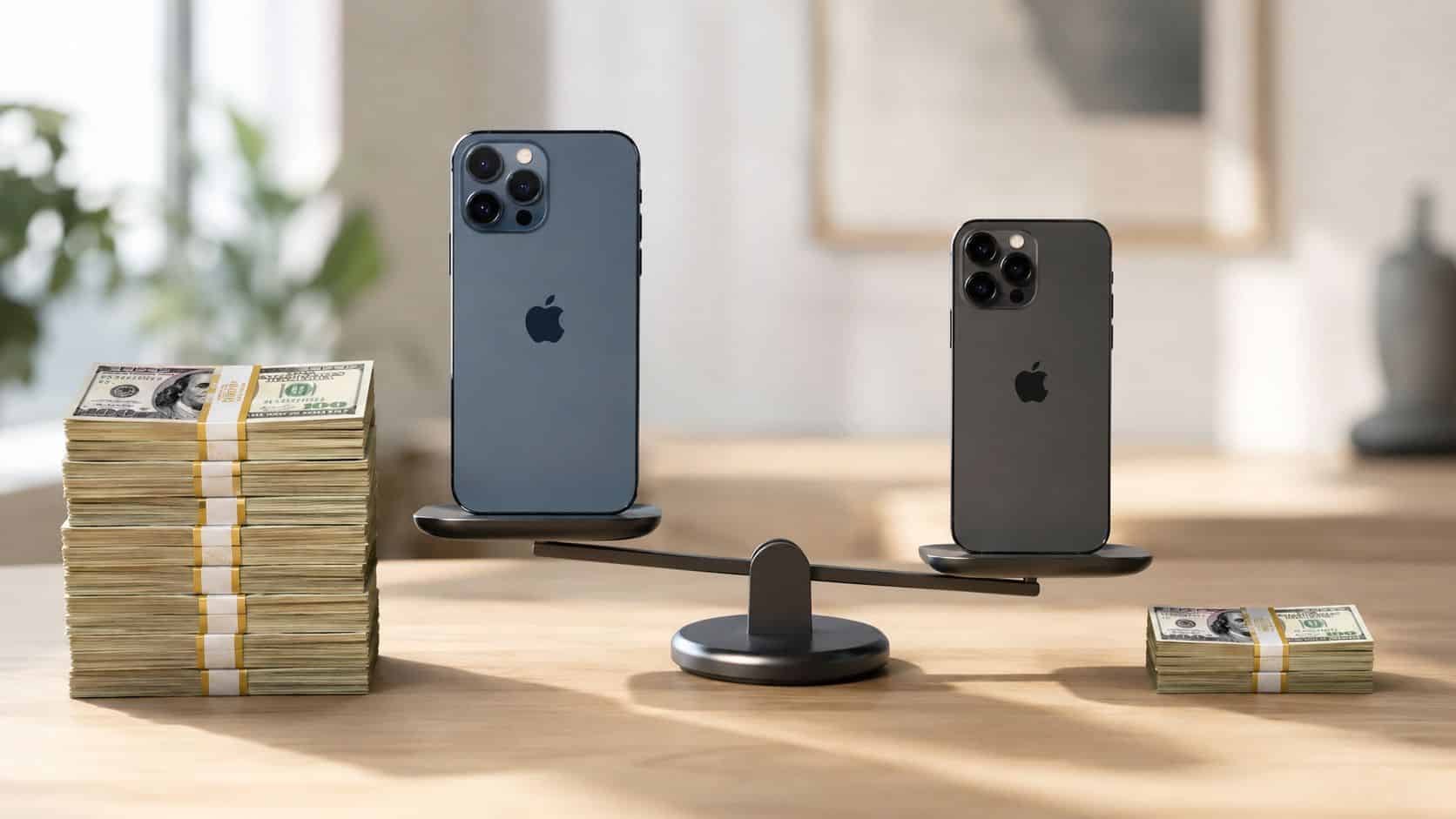 Refurbished vs New iPhone: A UK Buyer's Guide 2026 2 A balanced scale comparing a large smartphone with a thick stack of cash against a smaller smartphone.