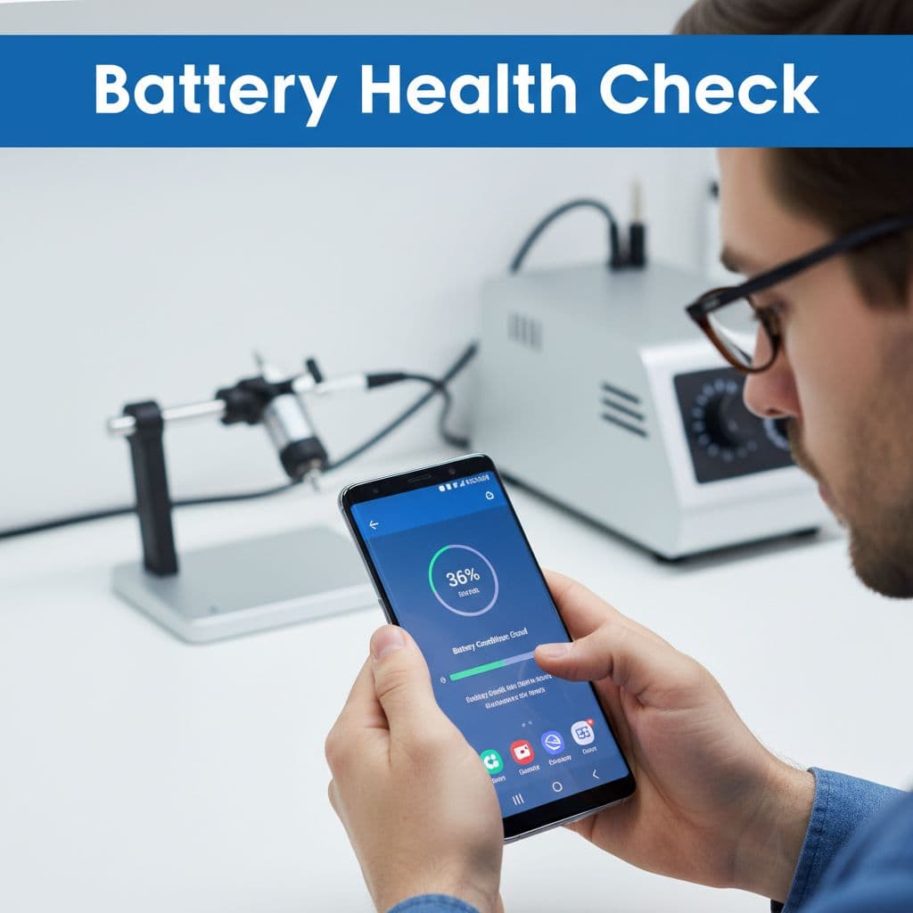 How To Check Samsung Battery Health On A Refurbished Phone 1 A technician holds a Samsung smartphone inside a bright, minimalist workshop to view diagnostic data. A bold blue header at the top of the screen displays clear battery health statistics.